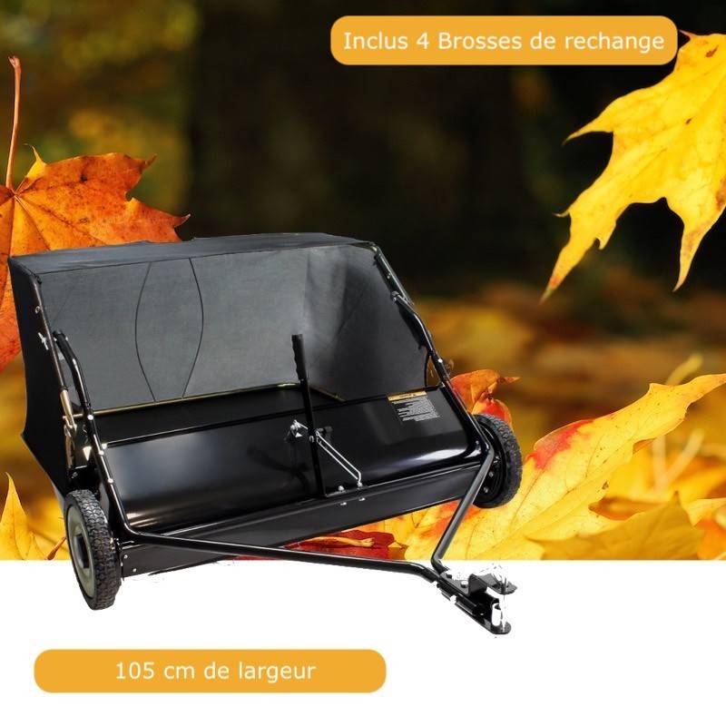 Remorque Ramasse - Feuilles, Gazon 105 cm +  Lot de 4 Brosses. Balayeuse à feuilles
