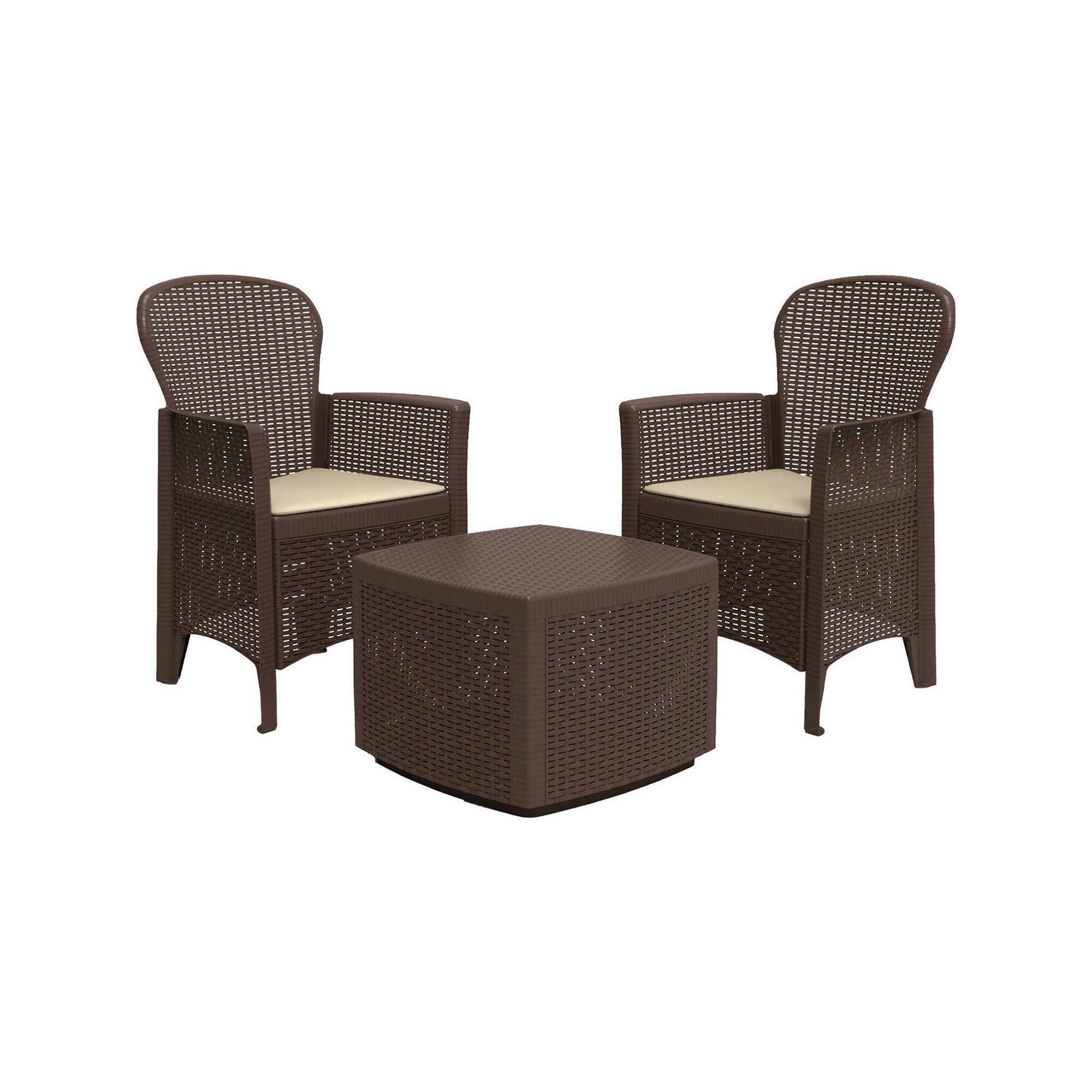 Dmora - Ensemble de salon d'extérieur Naples, Composition de jardin avec 2 fauteuils et 1 table de rangement, Salon effet rotin, Marron - Dmora - Imagen 1