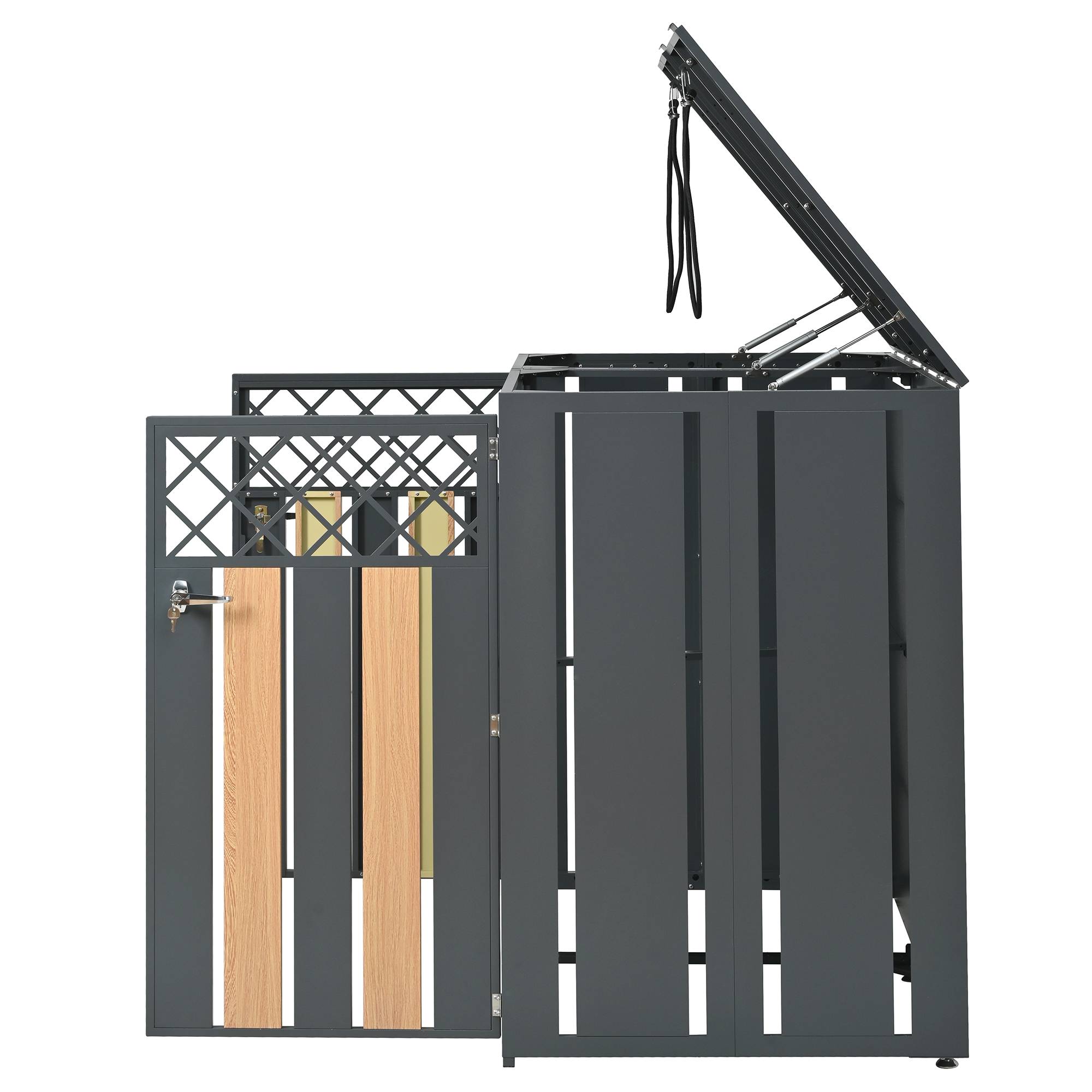 Cache-poubelle double Acier galvanisé Extérieur Ouverture vérin 132x80x118cm Gris Bois - ComfortXL Outdoor Living - Image 4