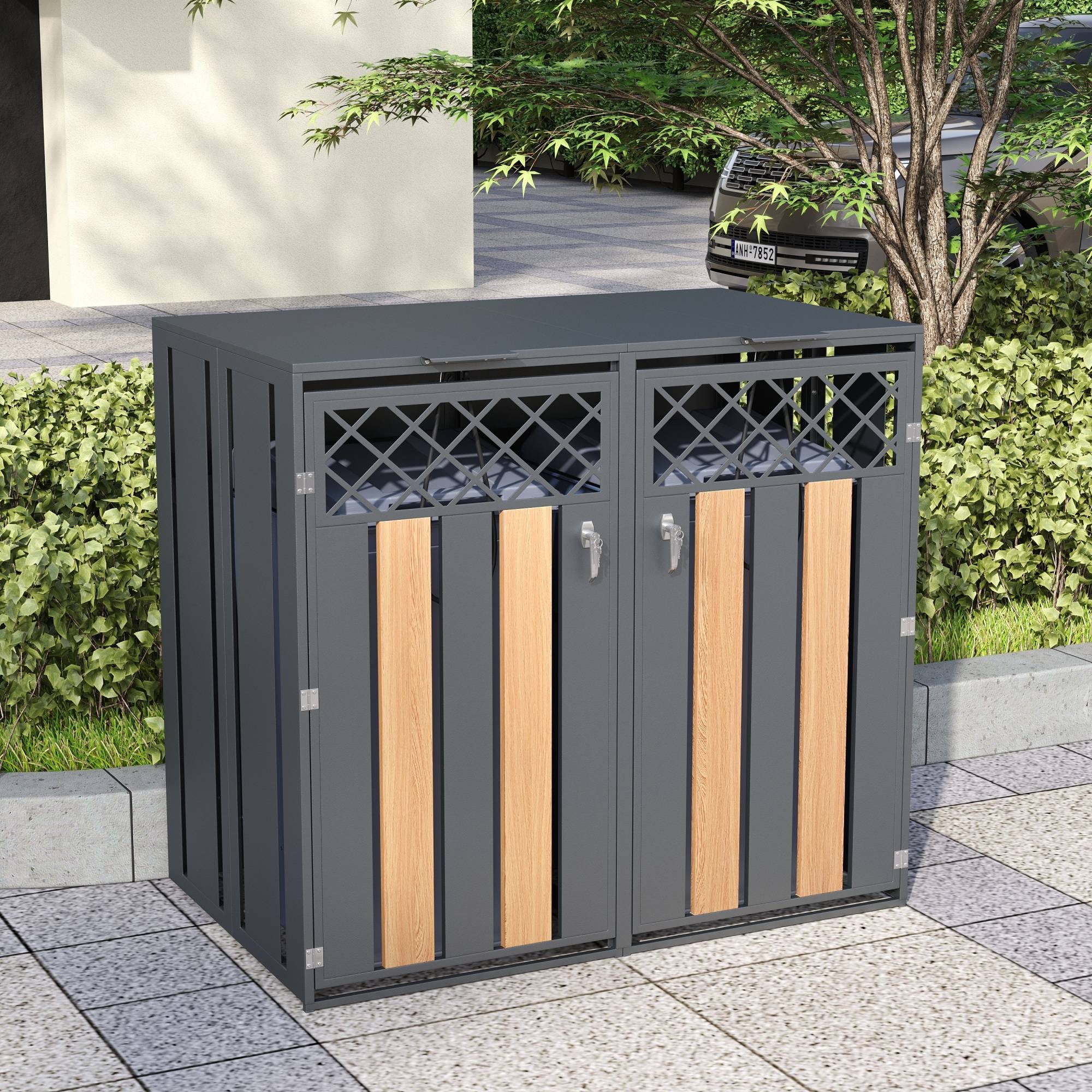 Cache-poubelle double Acier galvanisé Extérieur Ouverture vérin 132x80x118cm Gris Bois - ComfortXL Outdoor Living - Image 1