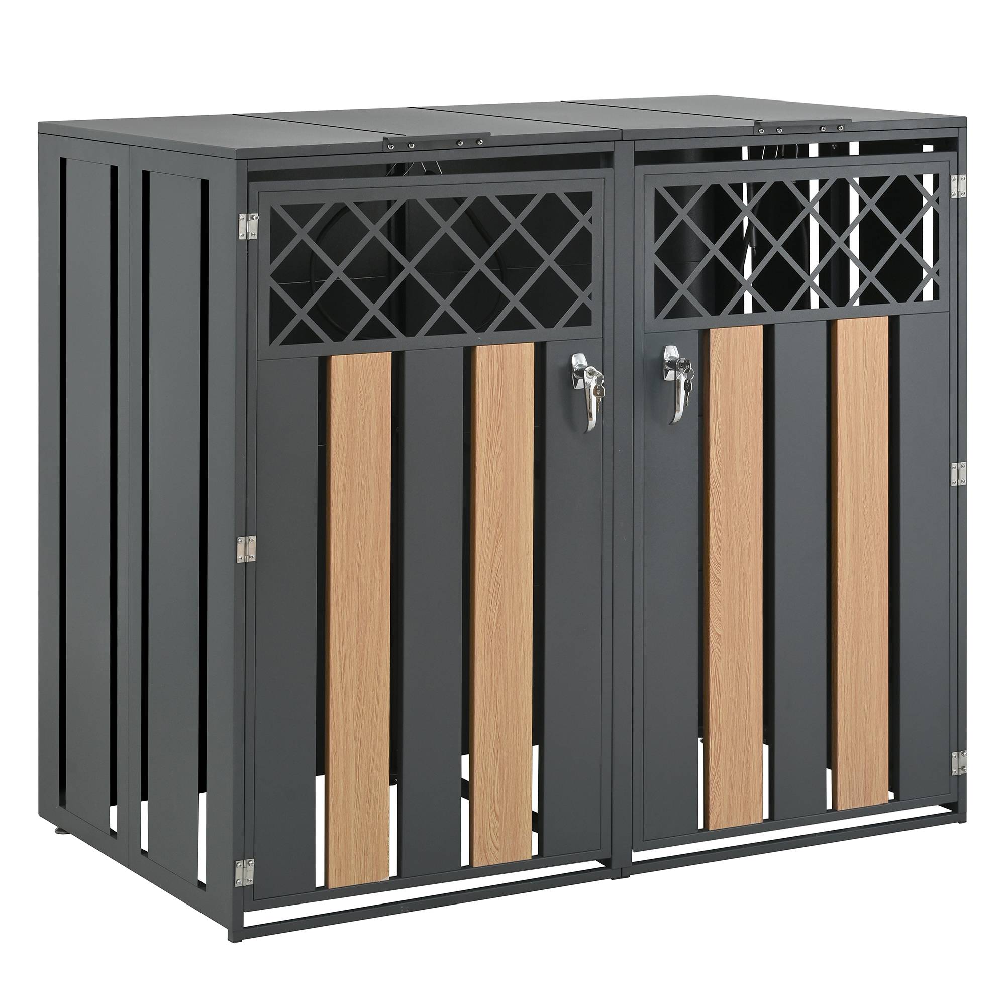 Cache-poubelle double Acier galvanisé Extérieur Ouverture vérin 132x80x118cm Gris Bois - ComfortXL Outdoor Living - Image 2