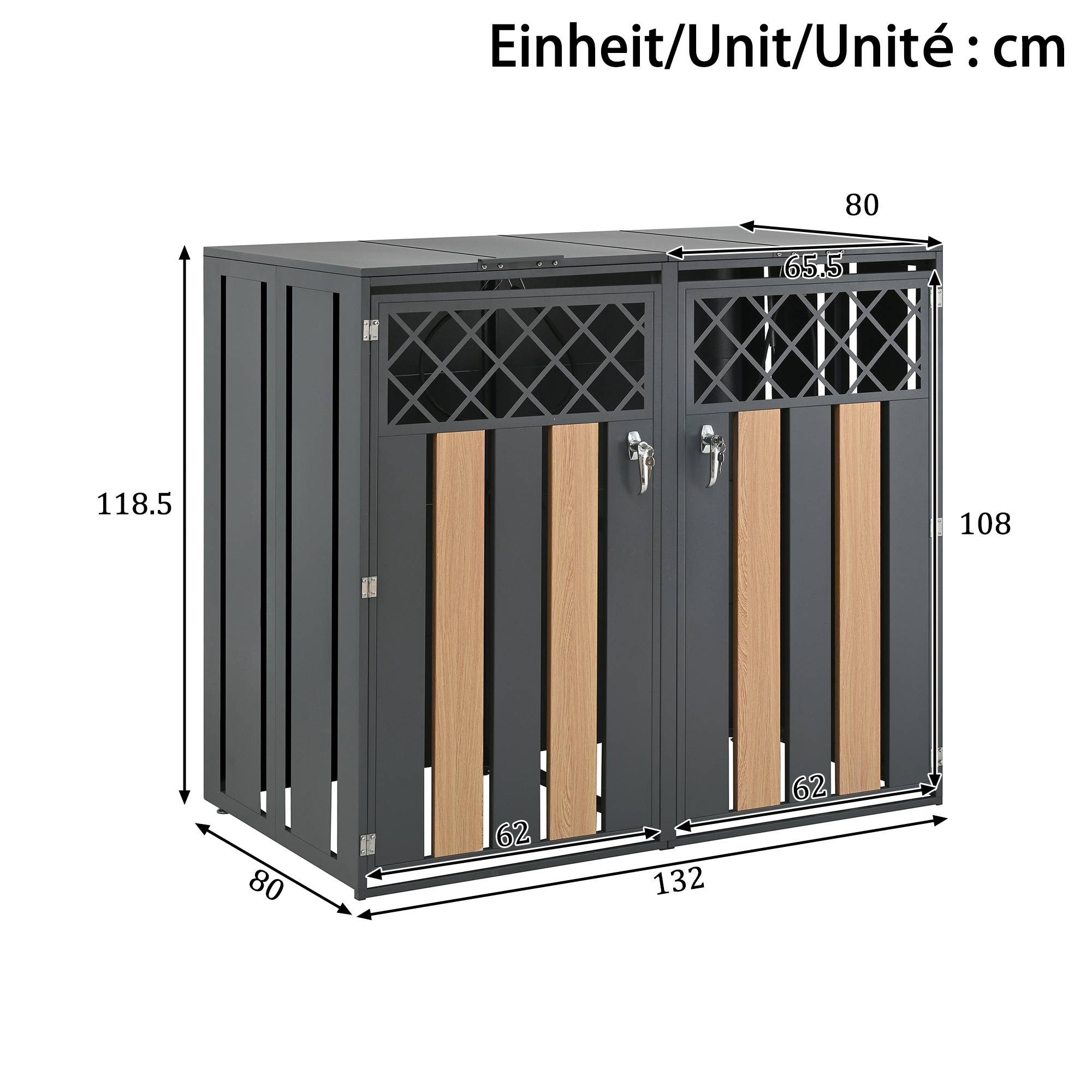 Cache-poubelle double Acier galvanisé Extérieur Ouverture vérin 132x80x118cm Gris Bois - ComfortXL Outdoor Living - Image 3