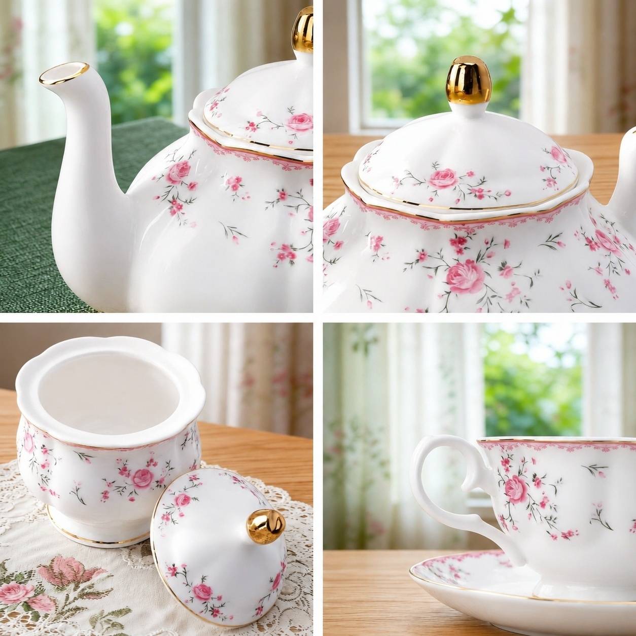 Service à Thé en Porcelaine 6 Personnes Rouge avec Théière et Accessoires - Image 2