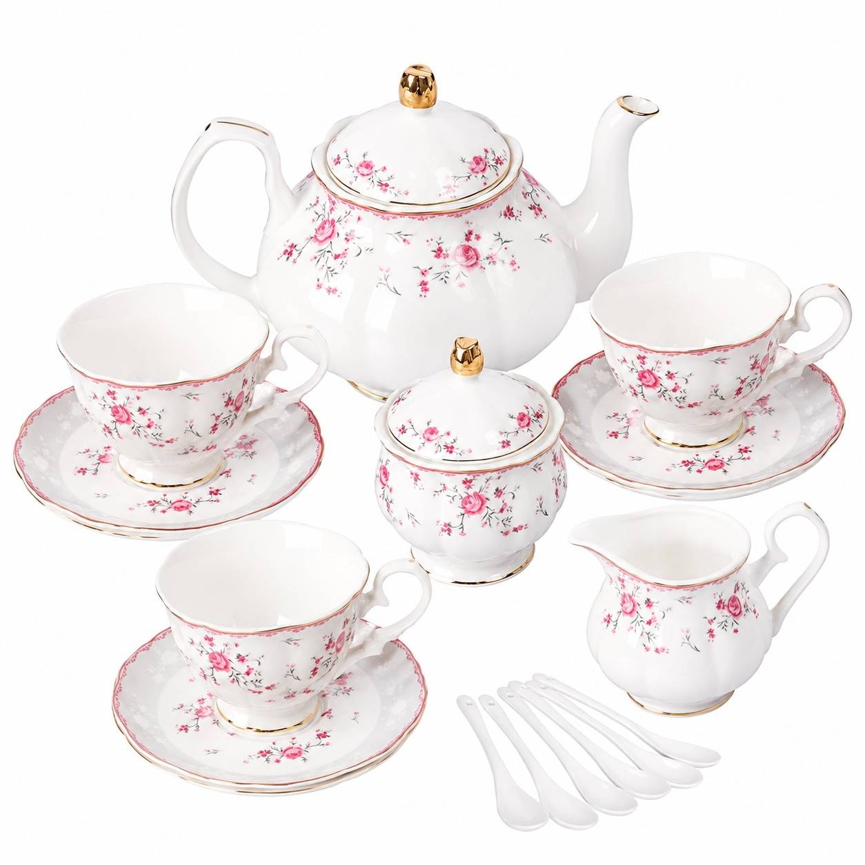 Service à Thé en Porcelaine 6 Personnes Rouge avec Théière et Accessoires - Image 1