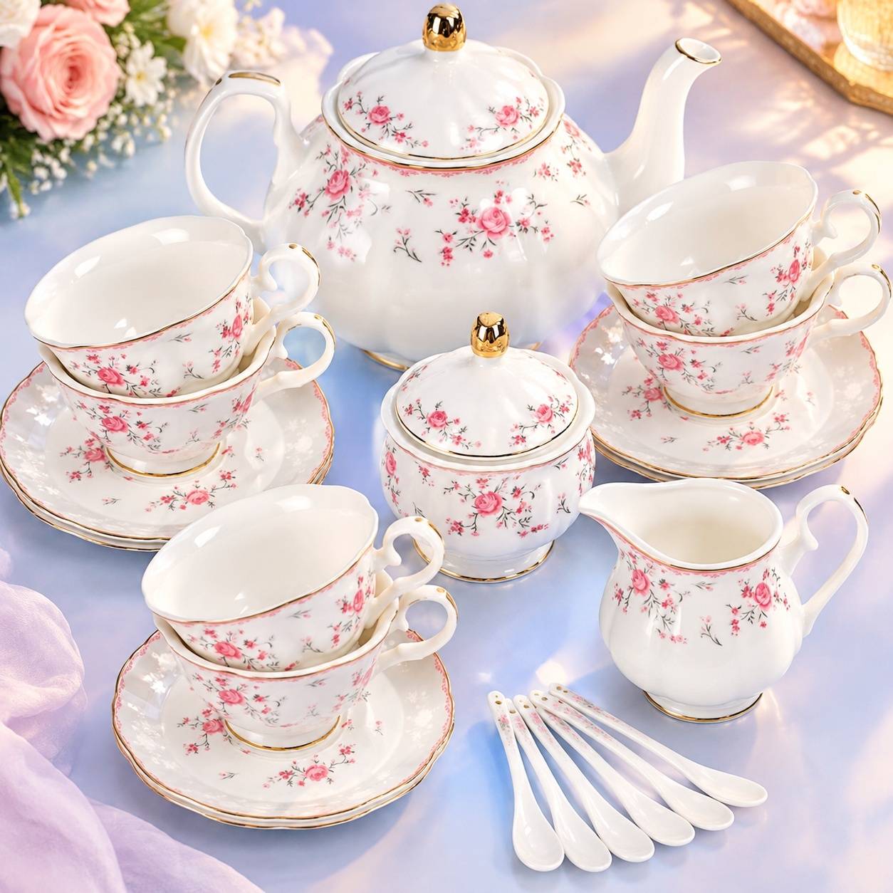 Service à Thé en Porcelaine 6 Personnes Rouge avec Théière et Accessoires - Image 7