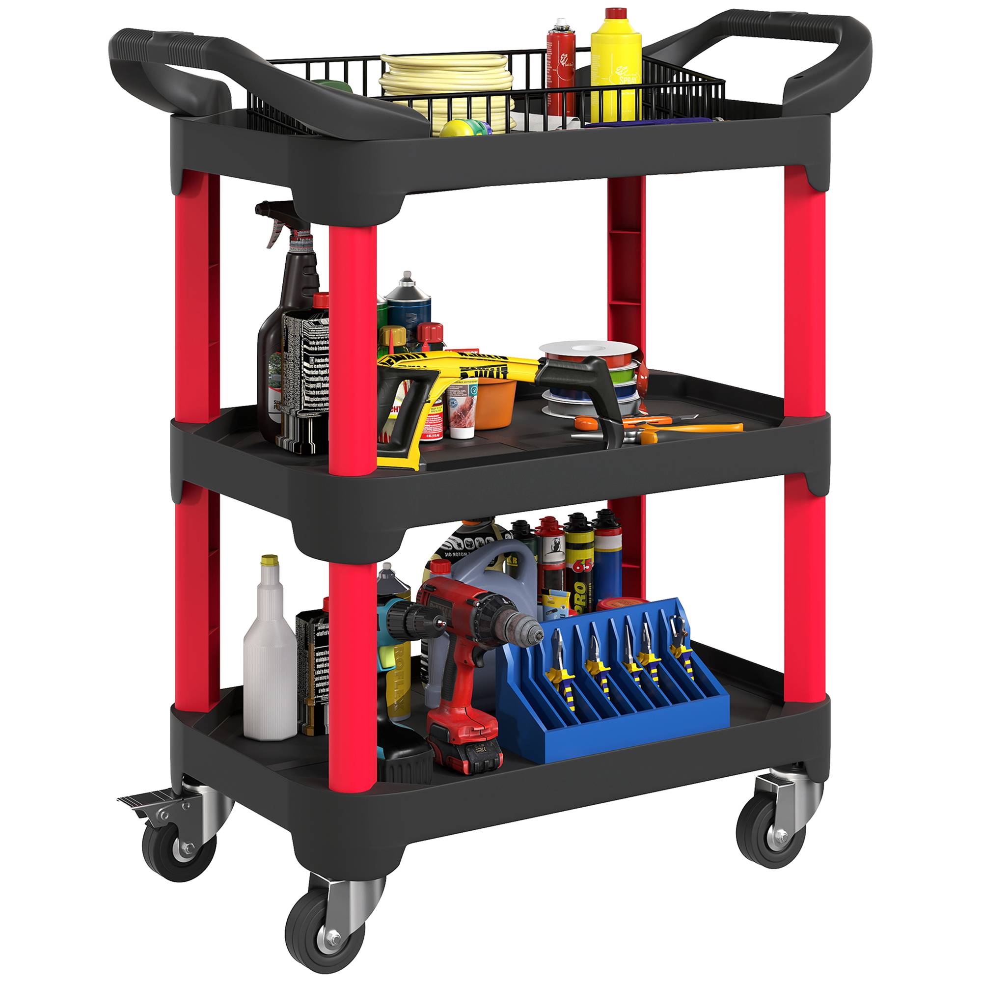 Sans Marque - Chariot à outils à 3 niveaux, poignées latérales, roulettes, plastique, noir - Image 1