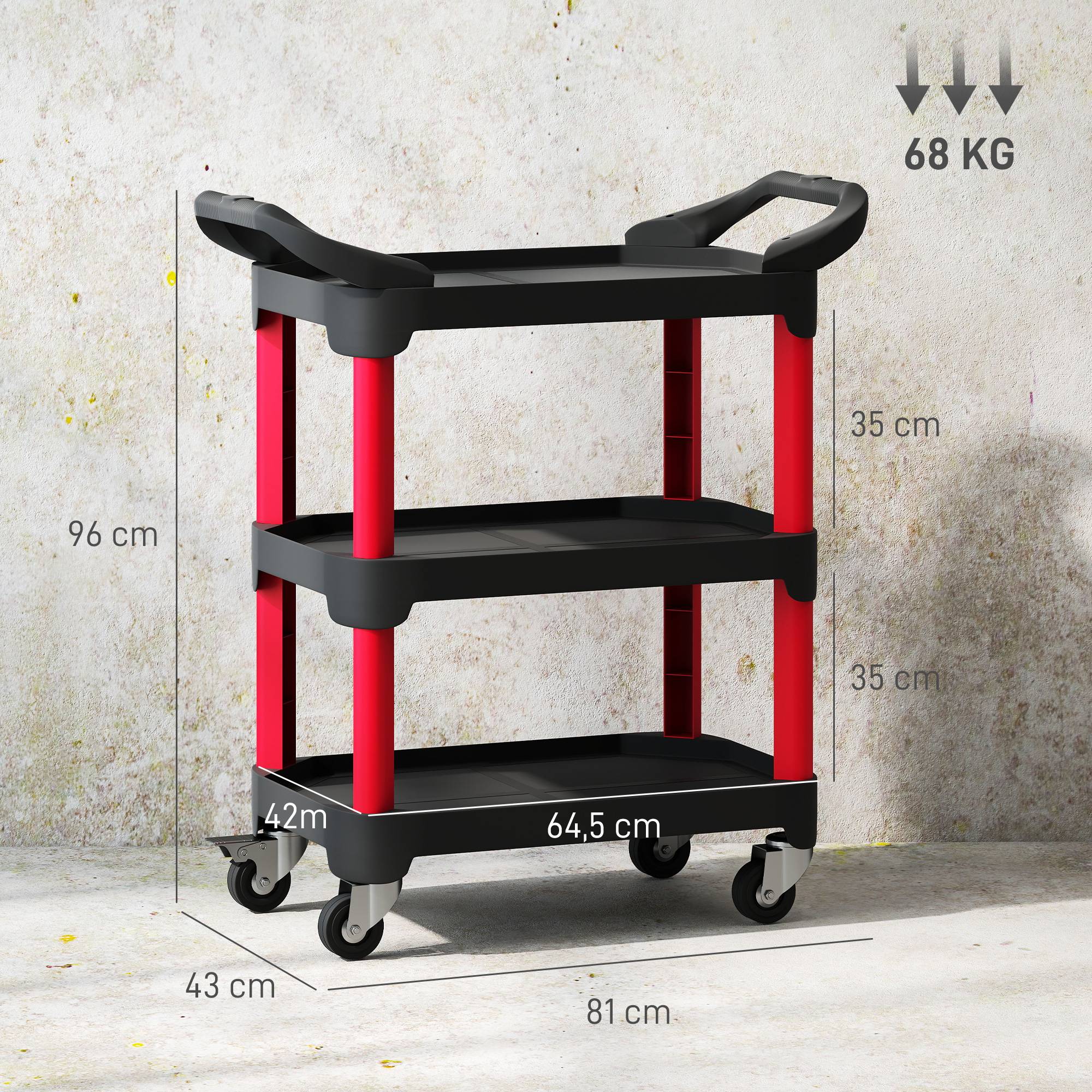 Sans Marque - Chariot à outils à 3 niveaux, poignées latérales, roulettes, plastique, noir - Image 5