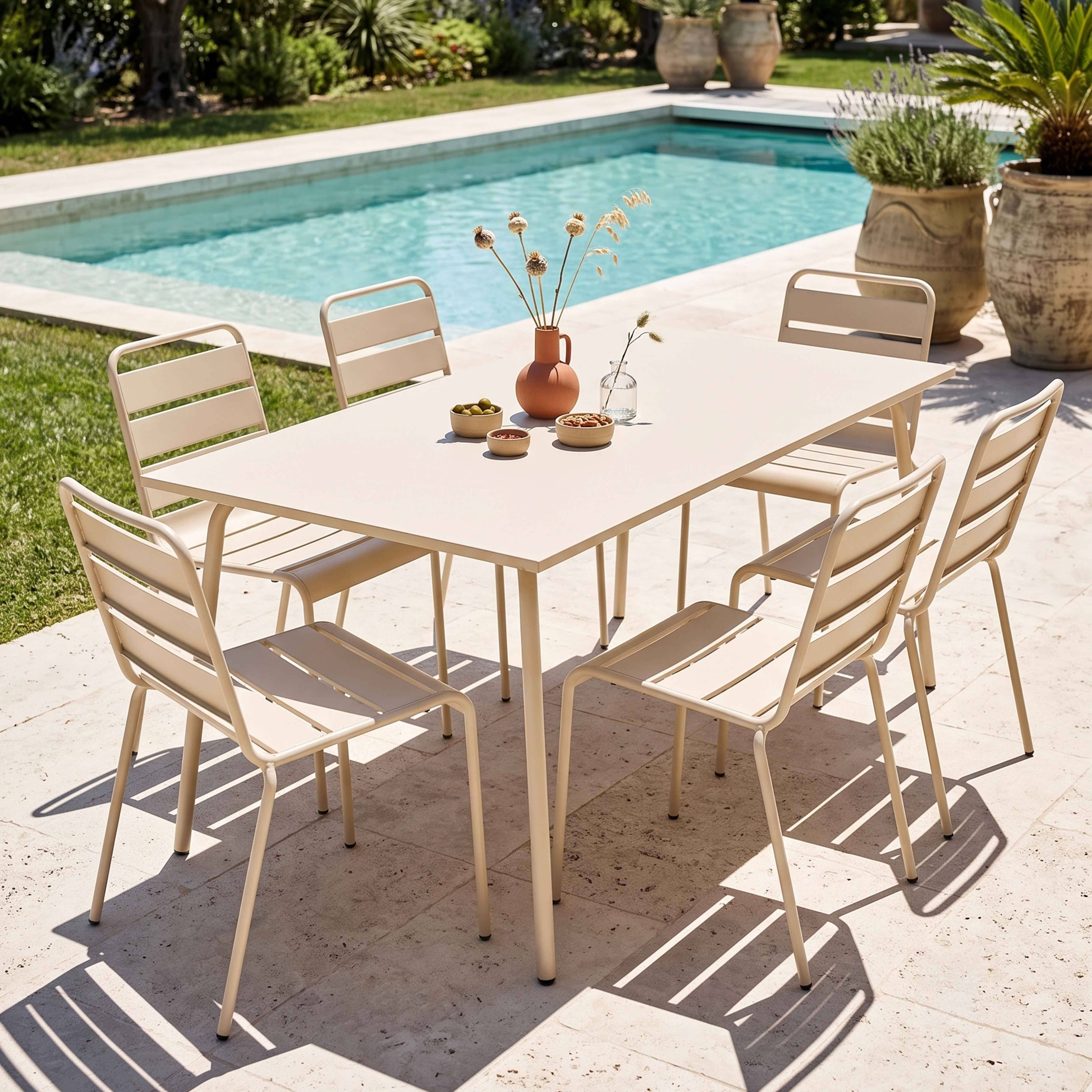 Oviala - Ensemble table de jardin et 6 chaises en métal ivoire Palavas - Oviala - Imagen 2