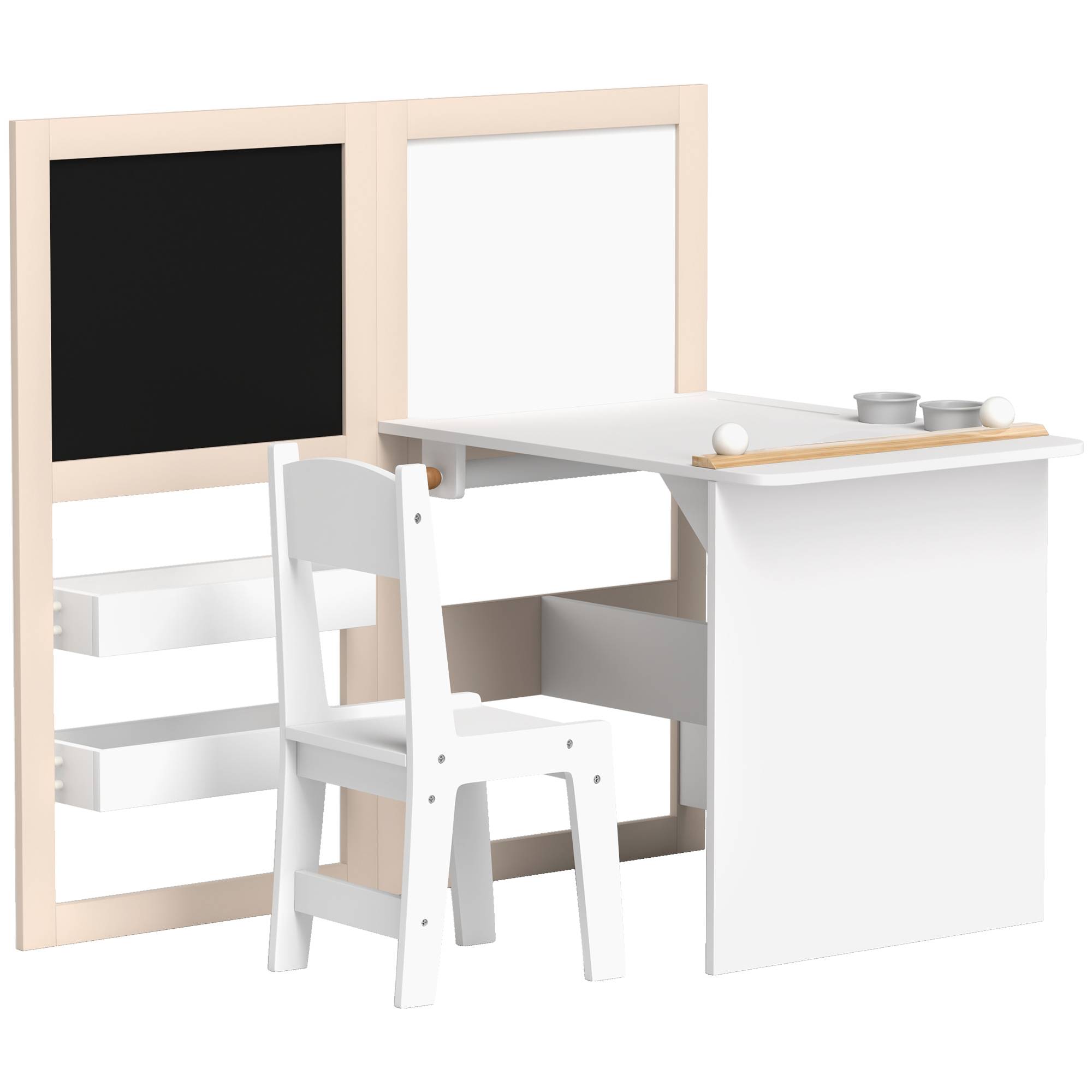 Ensemble table et chaise enfant 3-8 ans avec ardoise noire, ardoise blanche, rangements et rouleau papier, blanc - Image 2