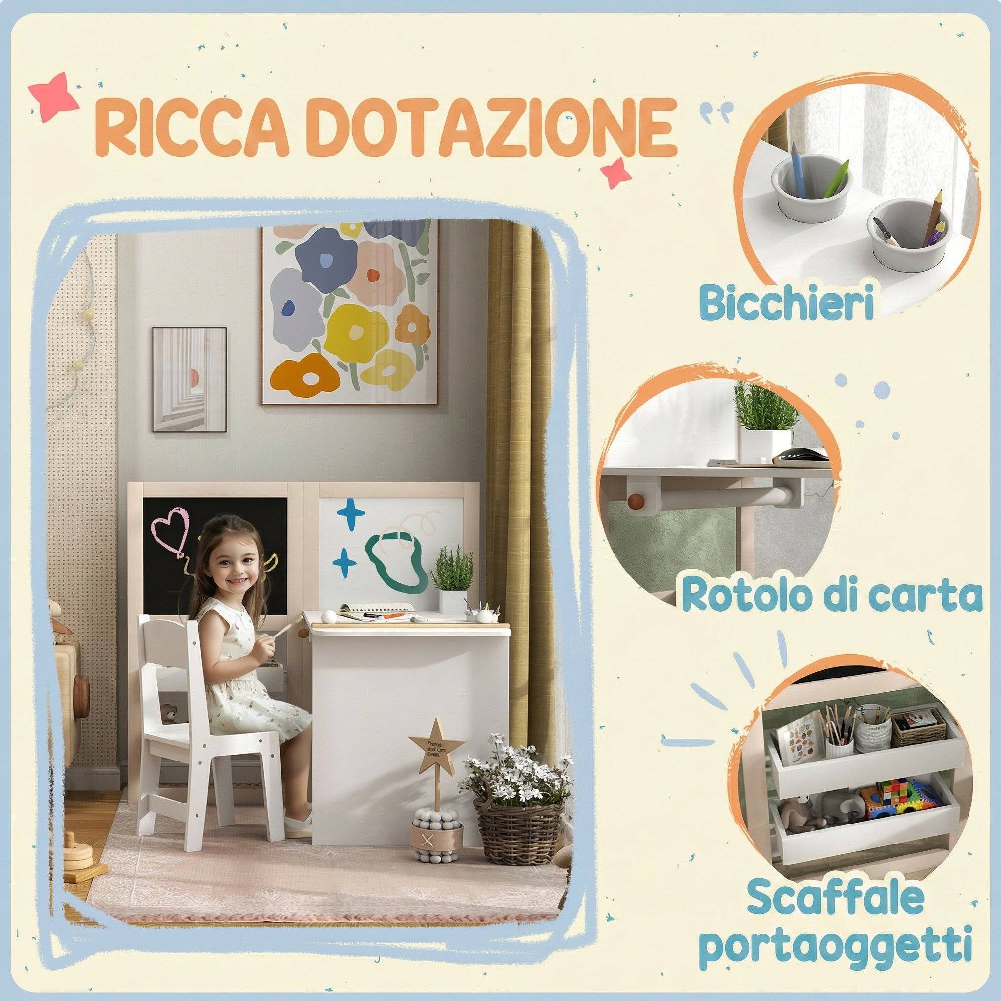 Ensemble table et chaise enfant 3-8 ans avec ardoise noire, ardoise blanche, rangements et rouleau papier, blanc - Image 8