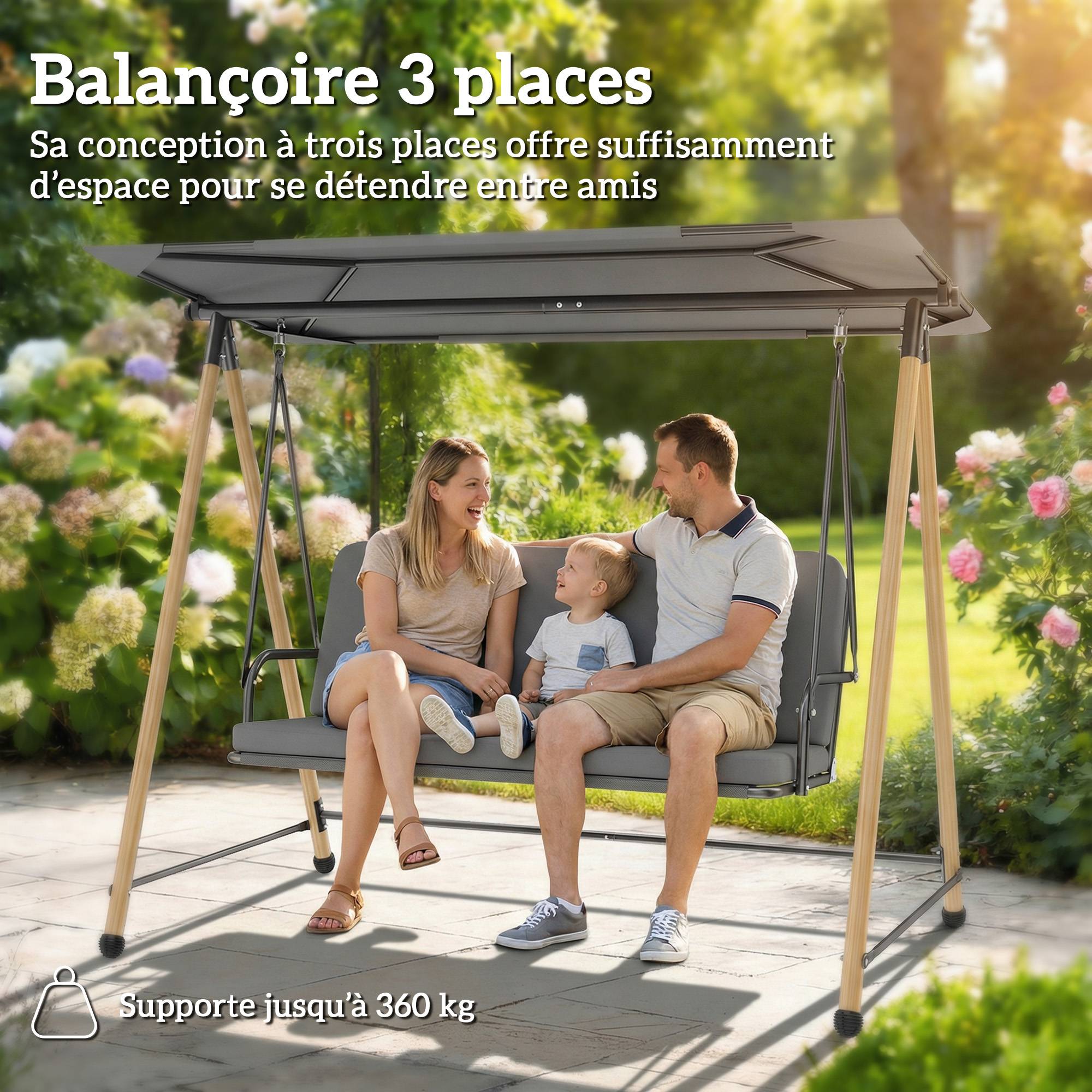 Balancelle de Jardin 3 Places Acier Terrasse Toit Ajustable Gris - ComfortXL Outdoor Living - Image 6