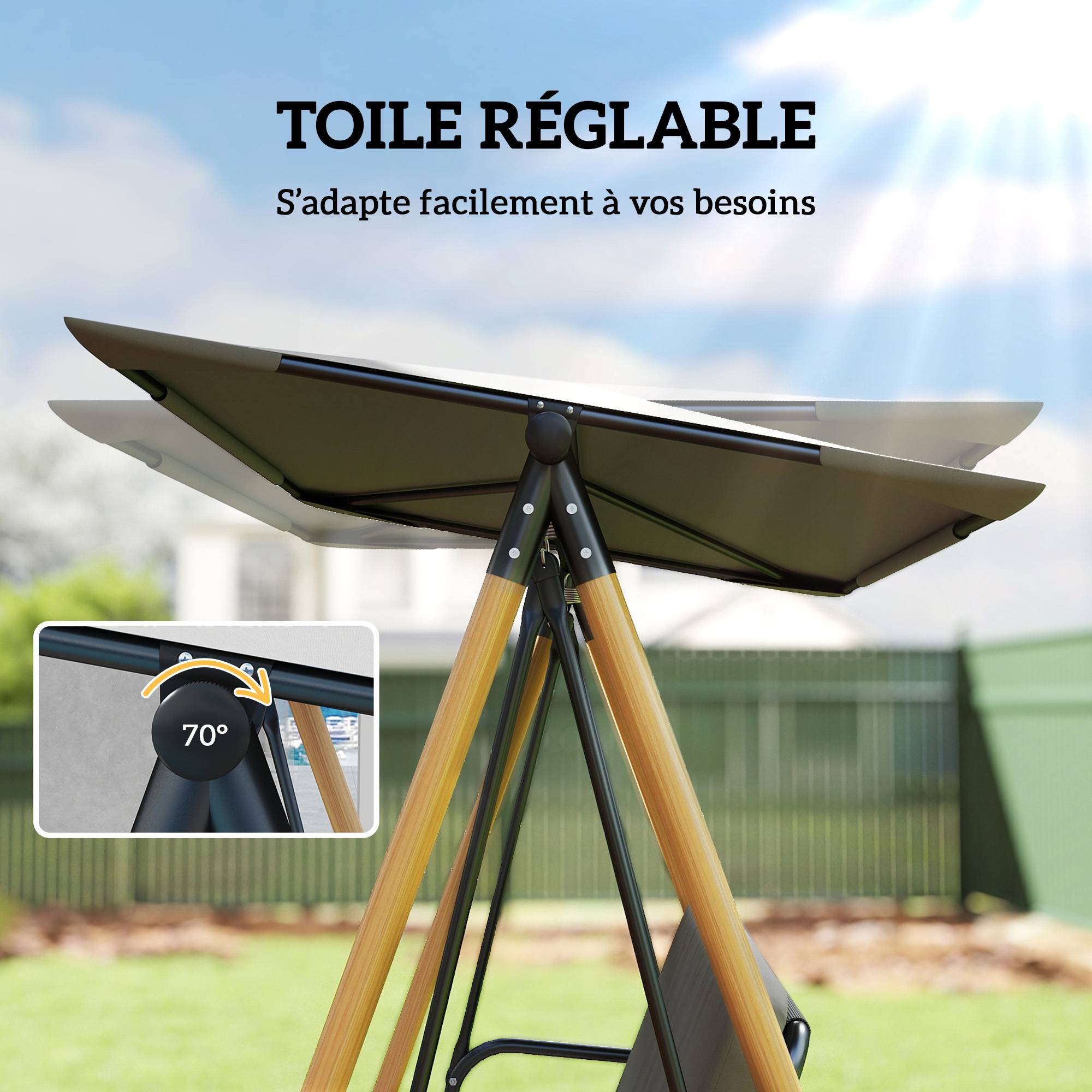 Balancelle de Jardin 3 Places Acier Terrasse Toit Ajustable Gris - ComfortXL Outdoor Living - Image 7