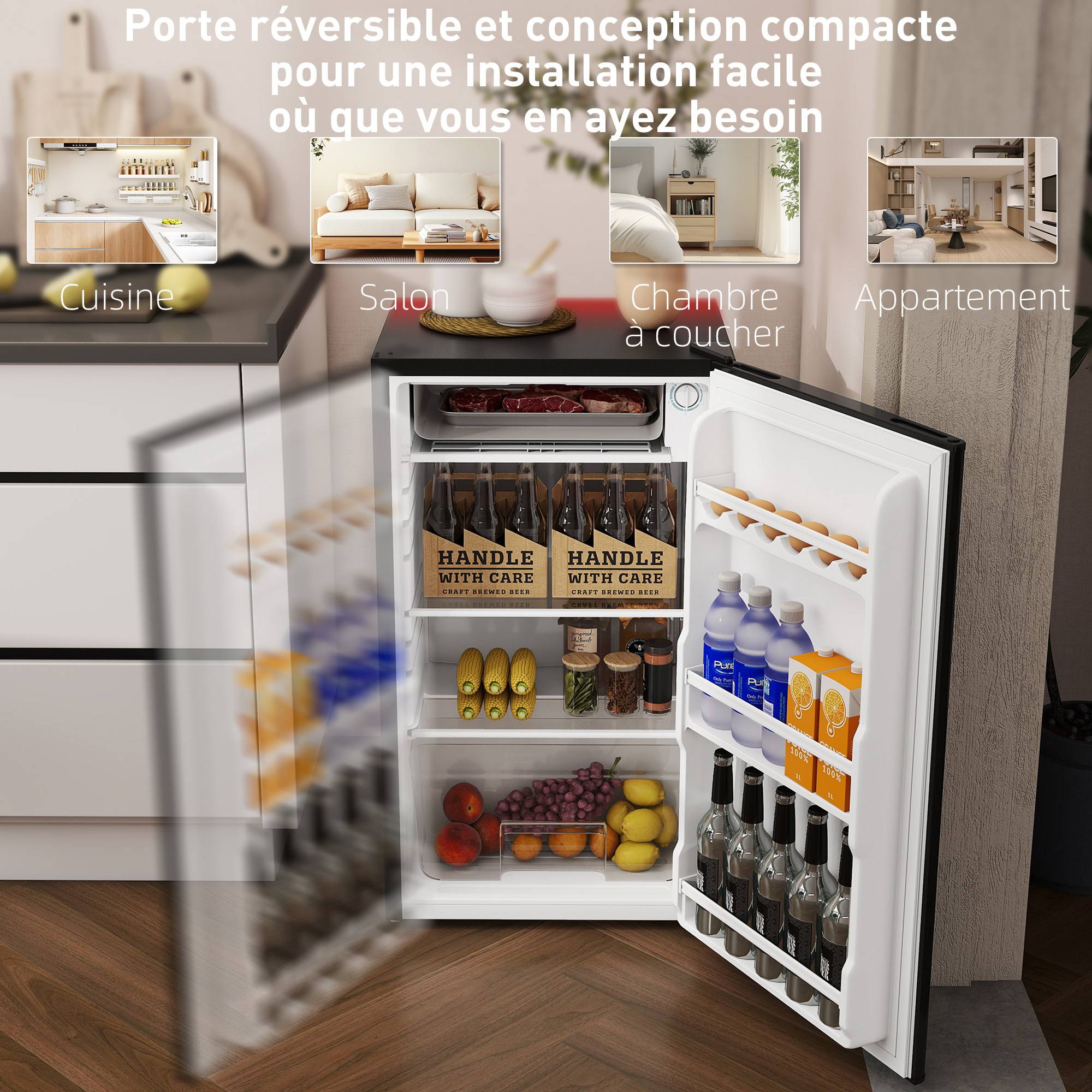 Petit réfrigérateur congélateur 91L étagères modulables sous comptoir, 47,5x44,2x84cm, noir - Image 9