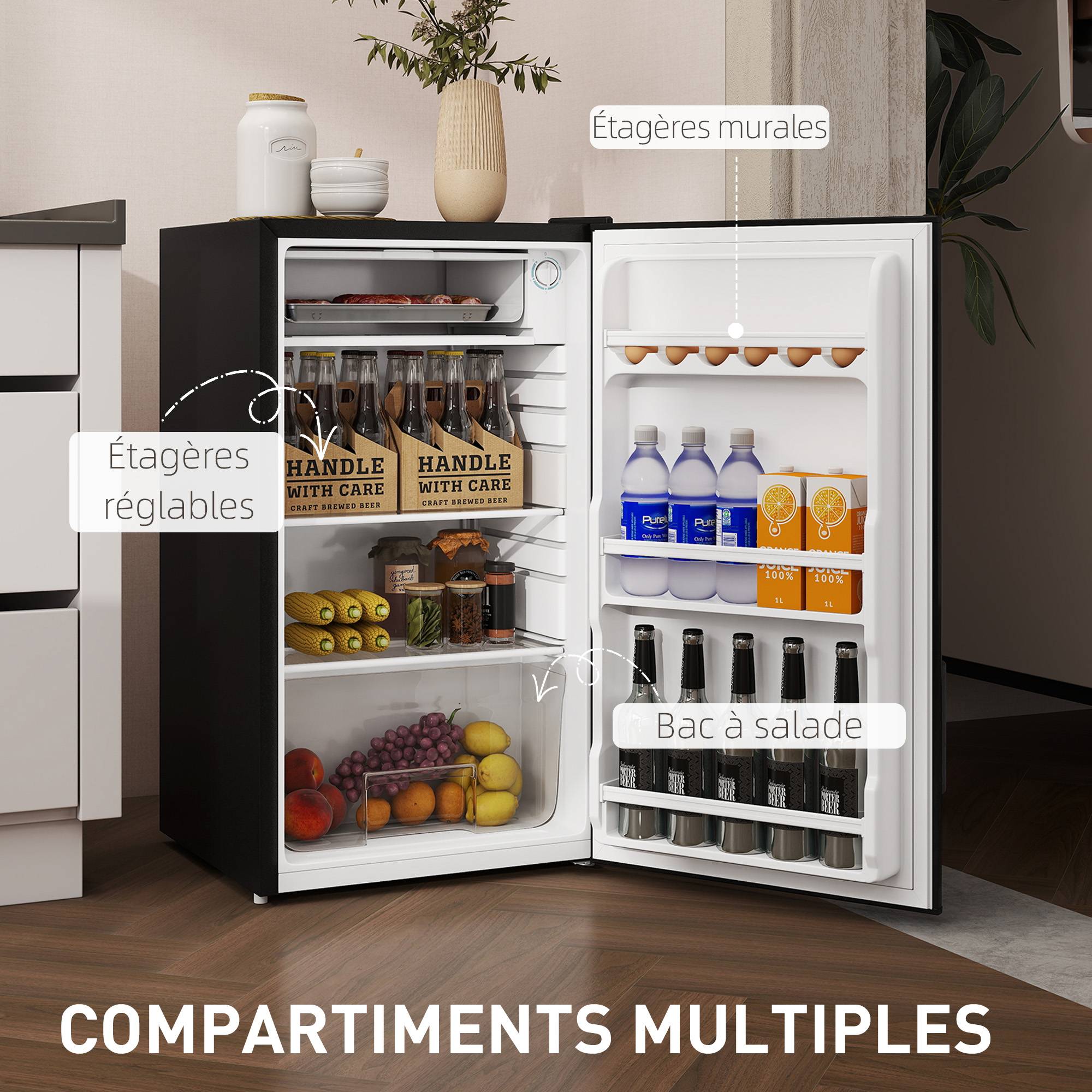 Petit réfrigérateur congélateur 91L étagères modulables sous comptoir, 47,5x44,2x84cm, noir - Image 8