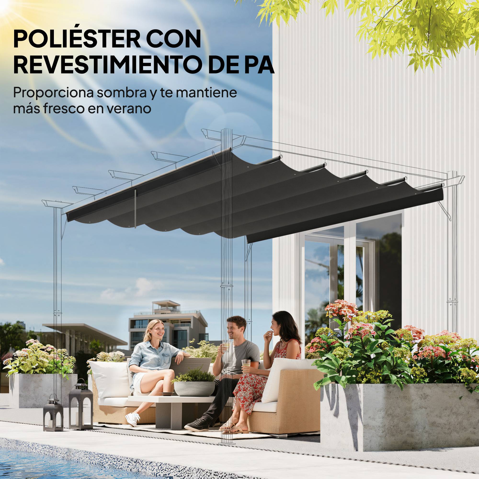Couverture toit rétractable 2,5x2,55 m pergola 3x3, toile rechange 10 trous, gris foncé - Image 7