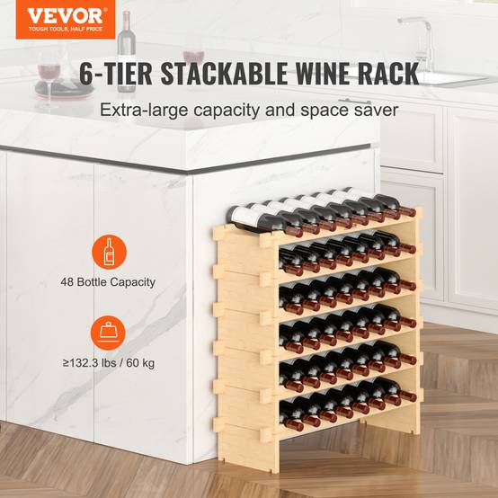 VEVOR Étagère modulable 48 bouteilles, 6 niveaux. Bambou naturel, empilable. - Image 2