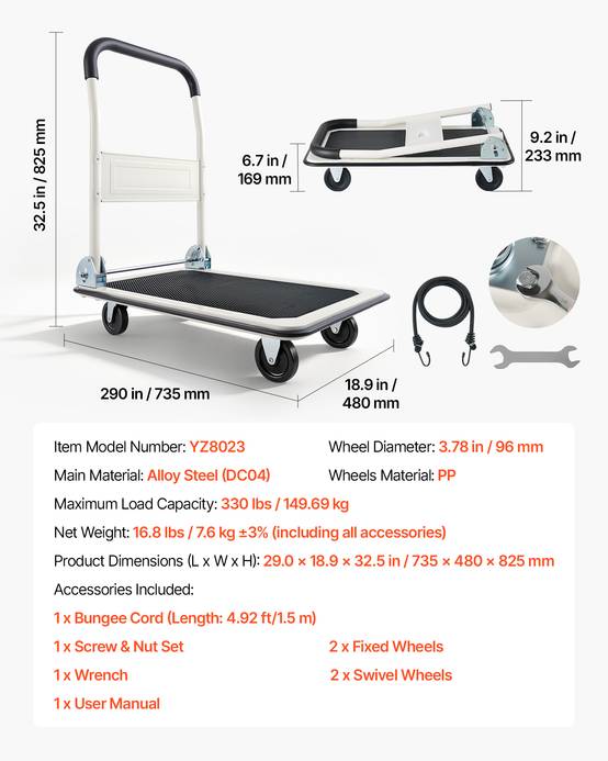 VEVOR Chariot à Plateforme Pliable Chariot Plateau 73,5x48 cm Charge 149,69 kg - Image 7