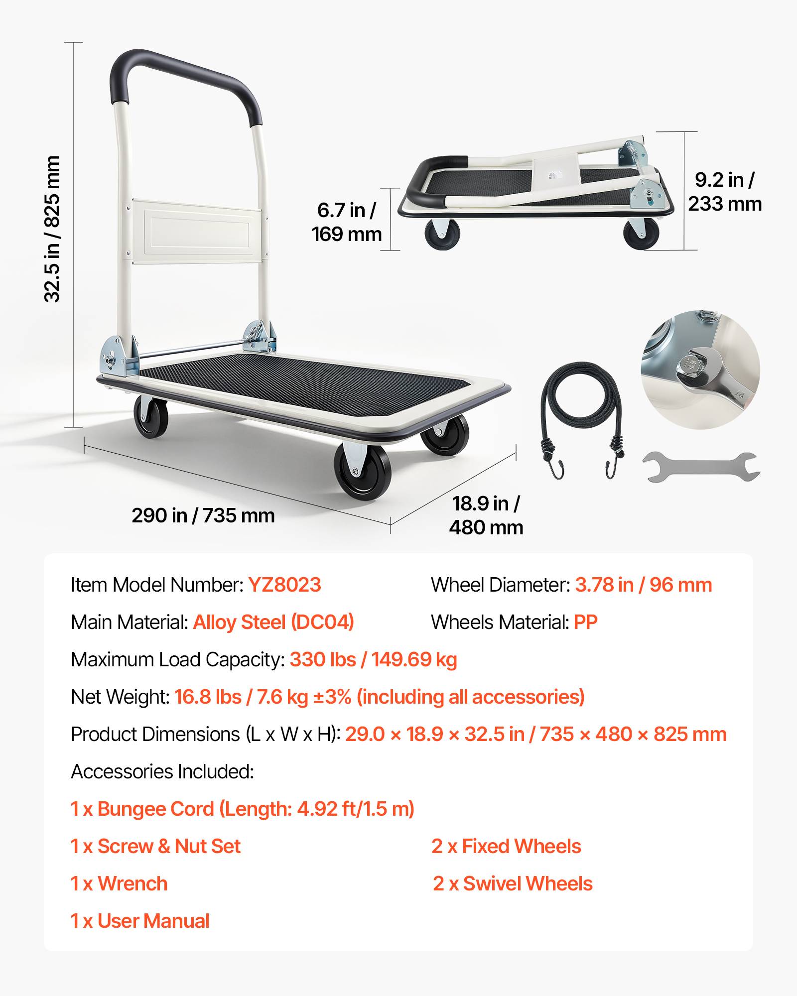 VEVOR Chariot à Plateforme Pliable Chariot Plateau 73,5x48 cm Charge 149,69 kg - Image 7