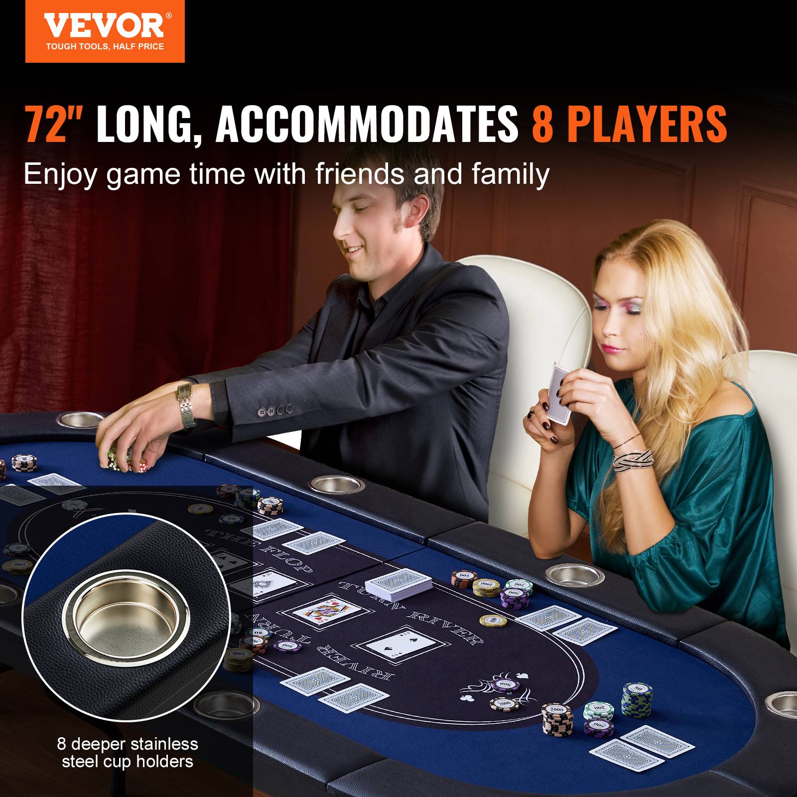 VEVOR Table poker pliable 183 cm, 8 joueurs. Rails rembourrés, porte-gobelets. - Image 2