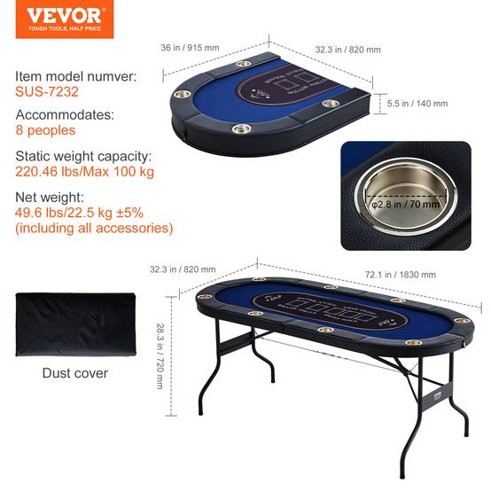 VEVOR Table poker pliable 183 cm, 8 joueurs. Rails rembourrés, porte-gobelets. - Image 7