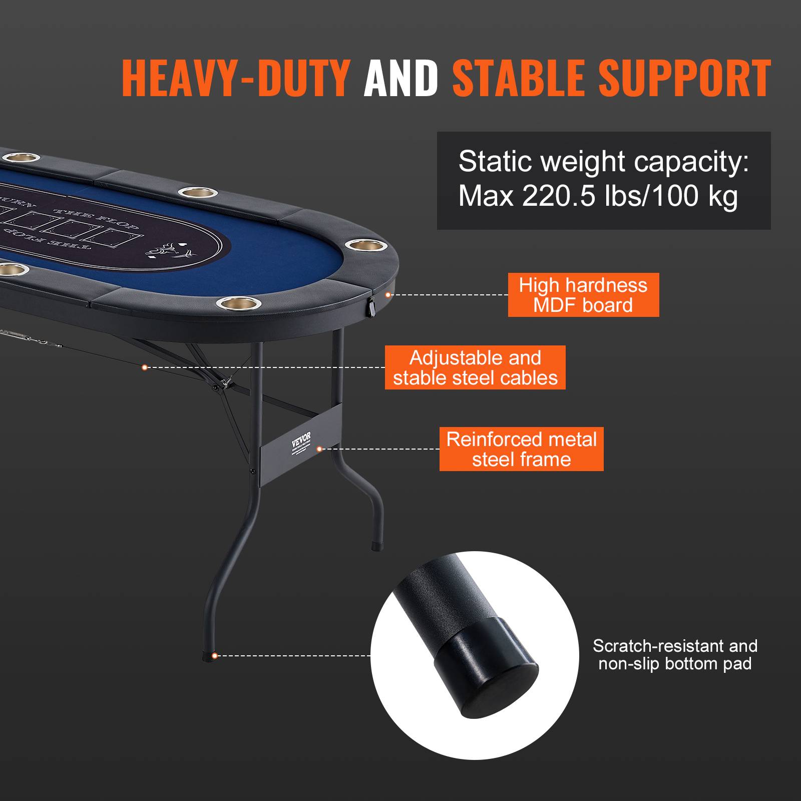 VEVOR Table poker pliable 183 cm, 8 joueurs. Rails rembourrés, porte-gobelets. - Image 6