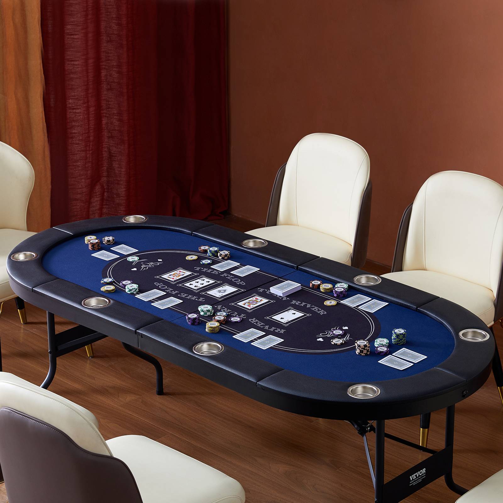 VEVOR Table poker pliable 183 cm, 8 joueurs. Rails rembourrés, porte-gobelets. - Image 8