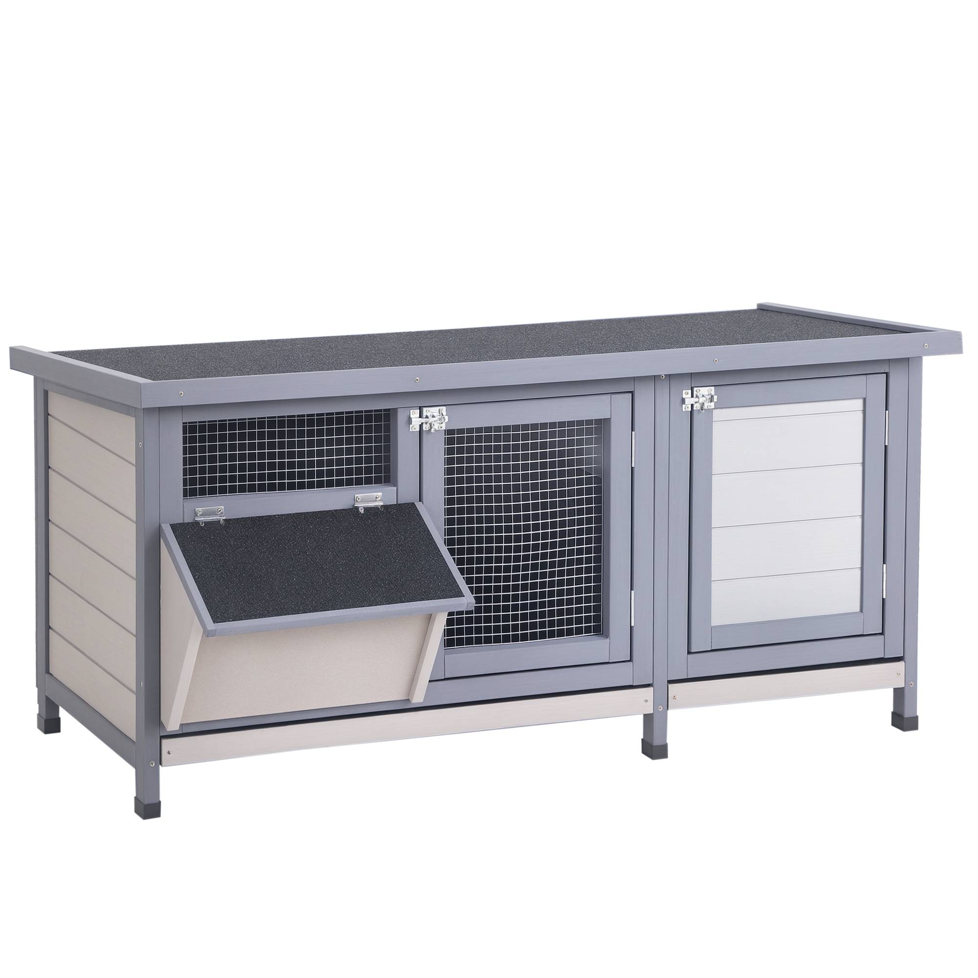 Clapier surélevé lapin bois sapin extérieur toit ouvrant mangeoire 112cm gris - ComfortXL Outdoor Living - Image 1