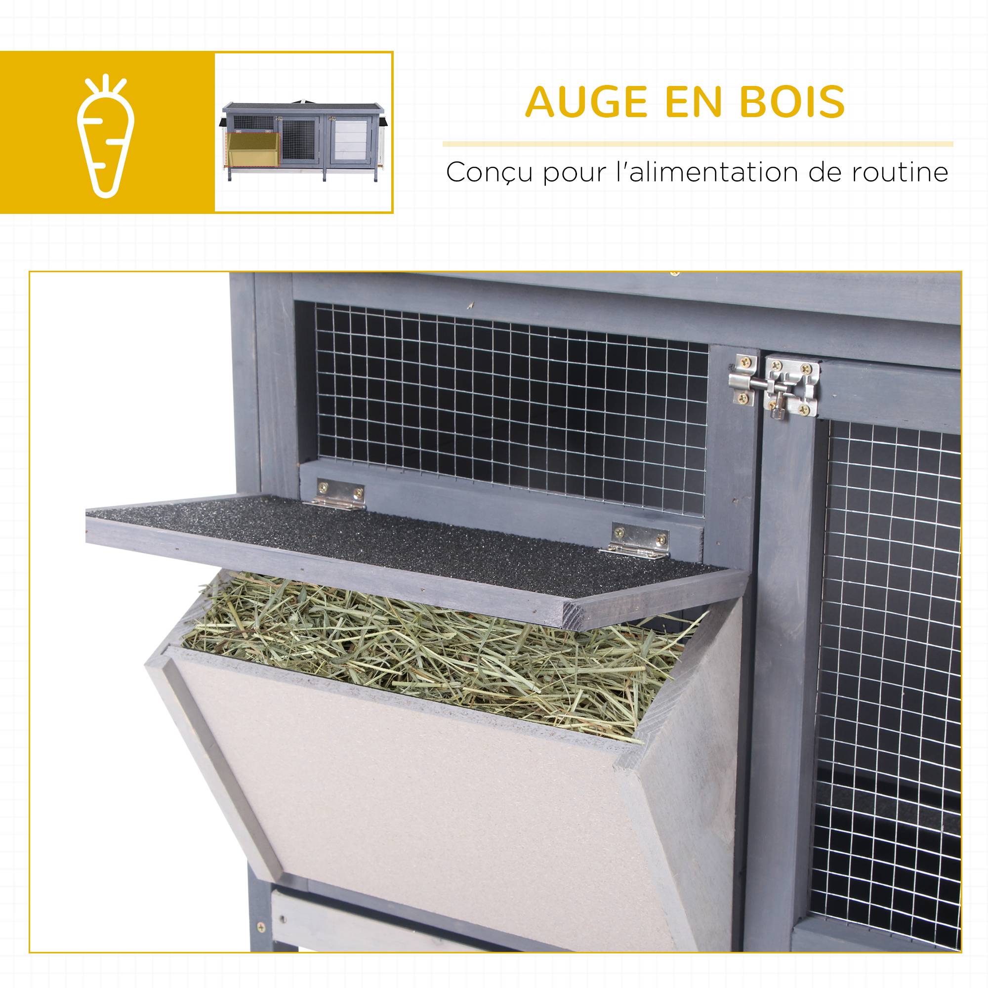 Clapier surélevé lapin bois sapin extérieur toit ouvrant mangeoire 112cm gris - ComfortXL Outdoor Living - Image 8