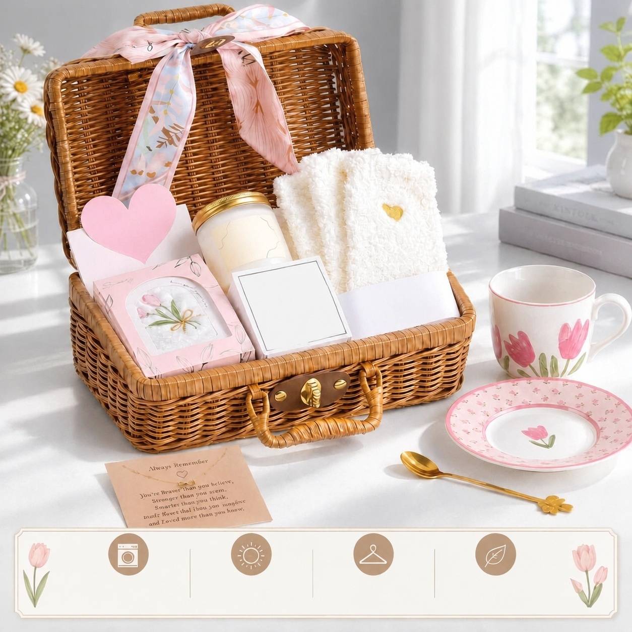 Coffret Cadeau Femme Panier Osier Mug Sous Tasse Bougie Parfumée Serviette Collier
(79 caractères) - Image 6