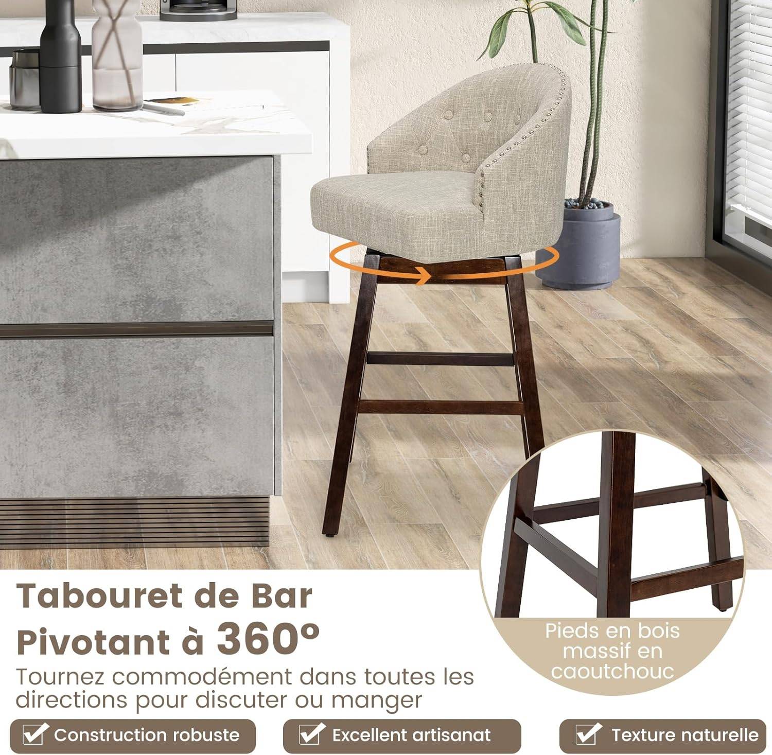 Chaise de Bar Pivotante Lot de 2, Tabouret de Bar Rembourré en Éponge, pour Ilot Central (Beige) - Image 4
