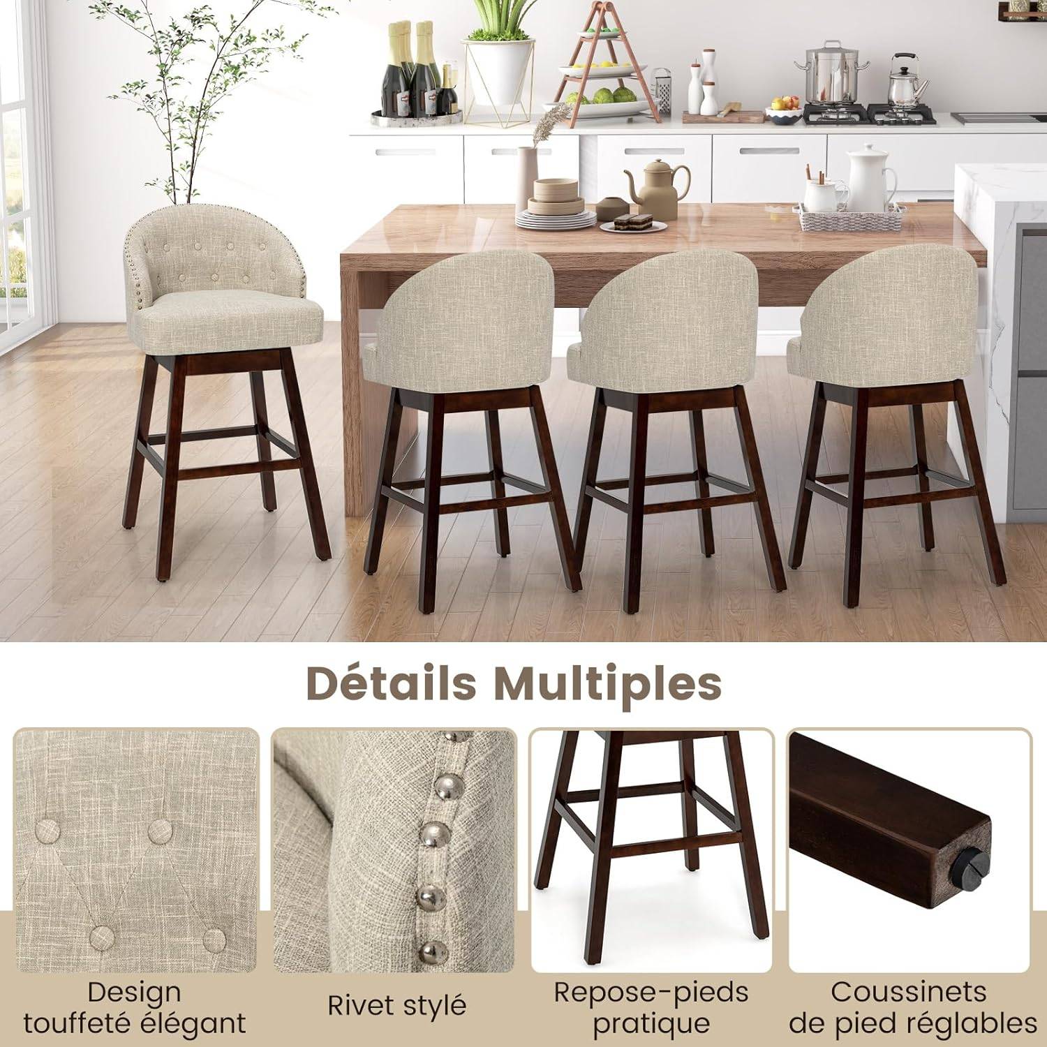 Chaise de Bar Pivotante Lot de 2, Tabouret de Bar Rembourré en Éponge, pour Ilot Central (Beige) - Image 5