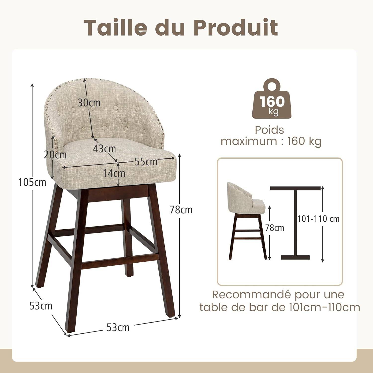 Chaise de Bar Pivotante Lot de 2, Tabouret de Bar Rembourré en Éponge, pour Ilot Central (Beige) - Image 7