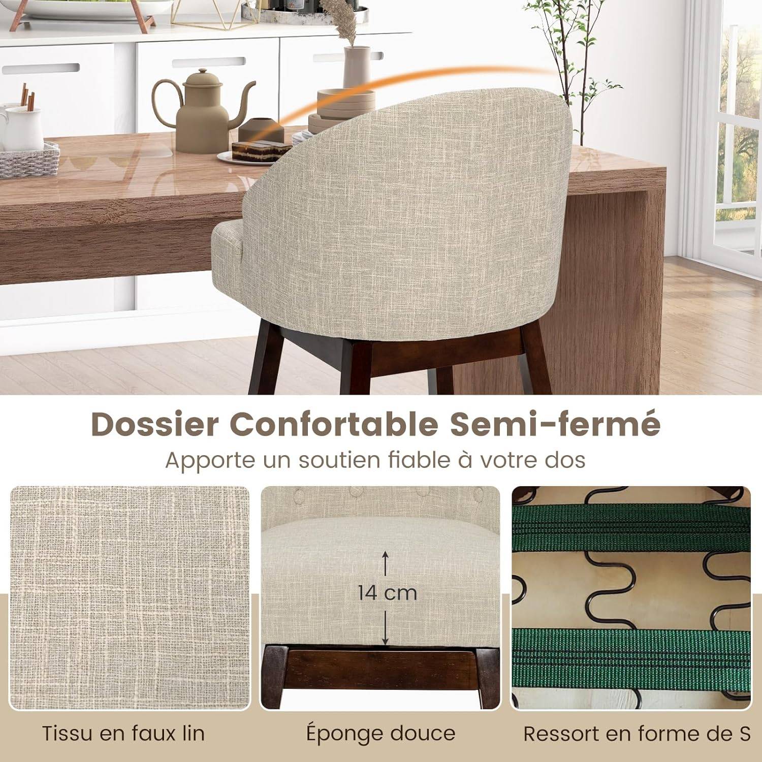 Chaise de Bar Pivotante Lot de 2, Tabouret de Bar Rembourré en Éponge, pour Ilot Central (Beige) - Image 3