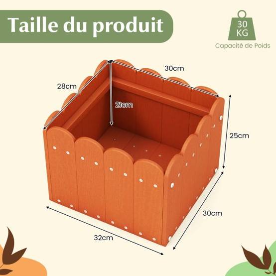 Helloshop26 - Lot de 2 jardinière carrées en HDPE résistant aux intempéries lit de jardin surélevé avec trous de drainage 32 x 30 x 25 cm orange - Imagen 4