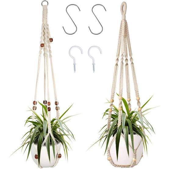 Lot de 2 cintres plantes suspendues - Perles bois - 4 crochets inclus - Décoration intérieur - Image 1