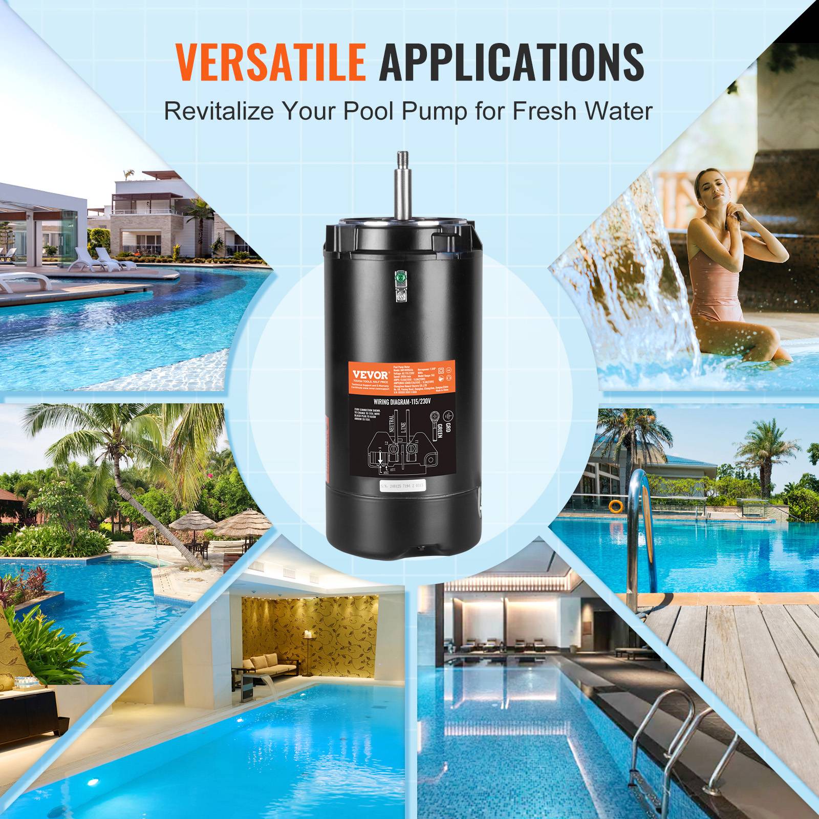 Vevor - VEVOR Moteur pompe piscine 1,5 CV 56J 115/230 V 3450 tr/min condensateur 90 μF/250 V rotation CCW remplacement moteur - Image 5