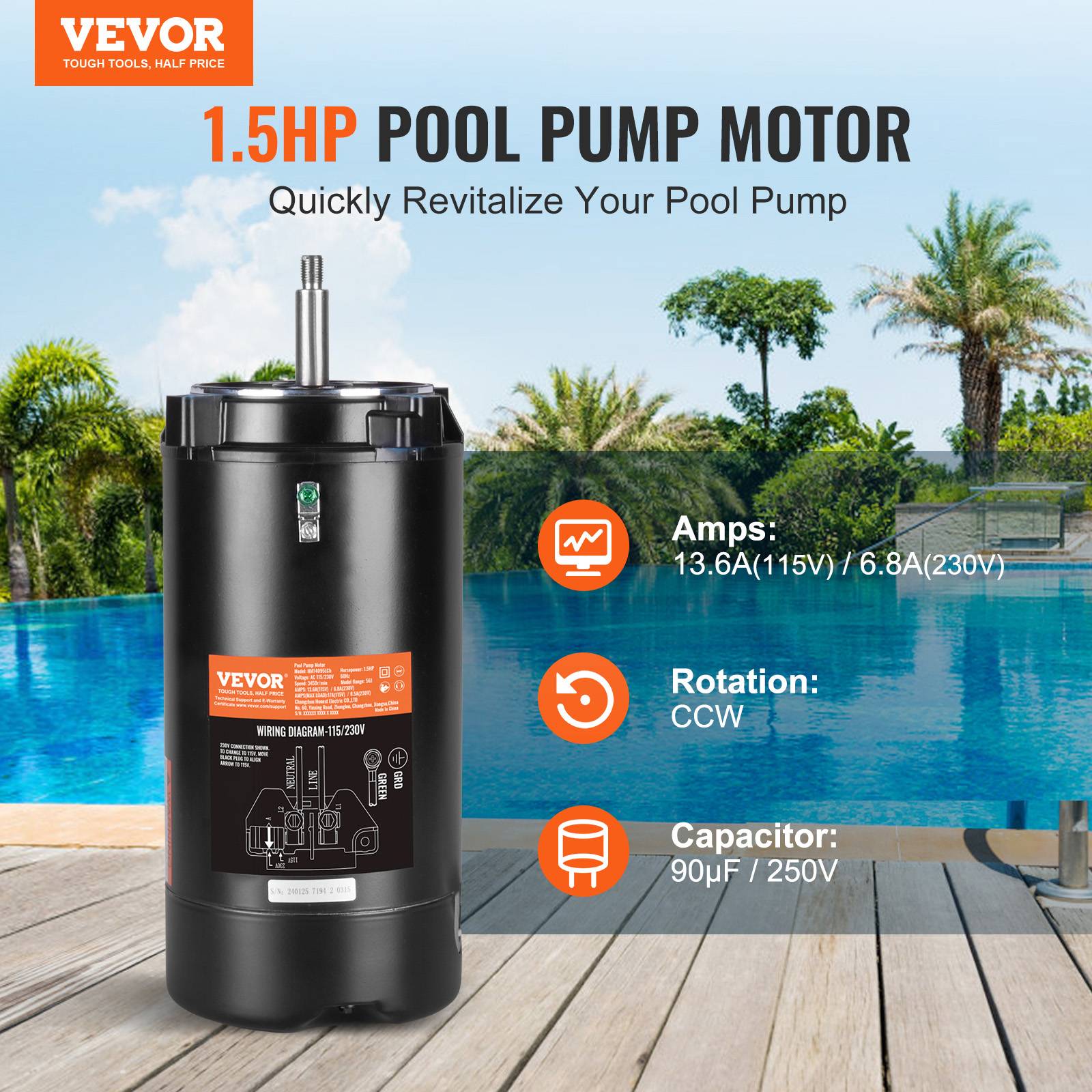 Vevor - VEVOR Moteur pompe piscine 1,5 CV 56J 115/230 V 3450 tr/min condensateur 90 μF/250 V rotation CCW remplacement moteur - Image 2