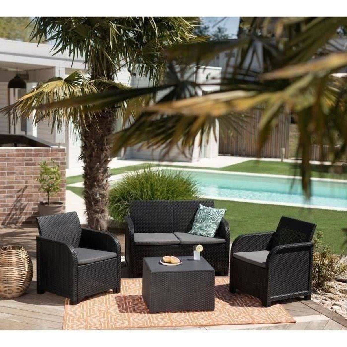 Salon de jardin 4 places SanRemo avec coffre de rangement, résine mat effet rotin graphite - ALLIBERT by KETER - Image 3