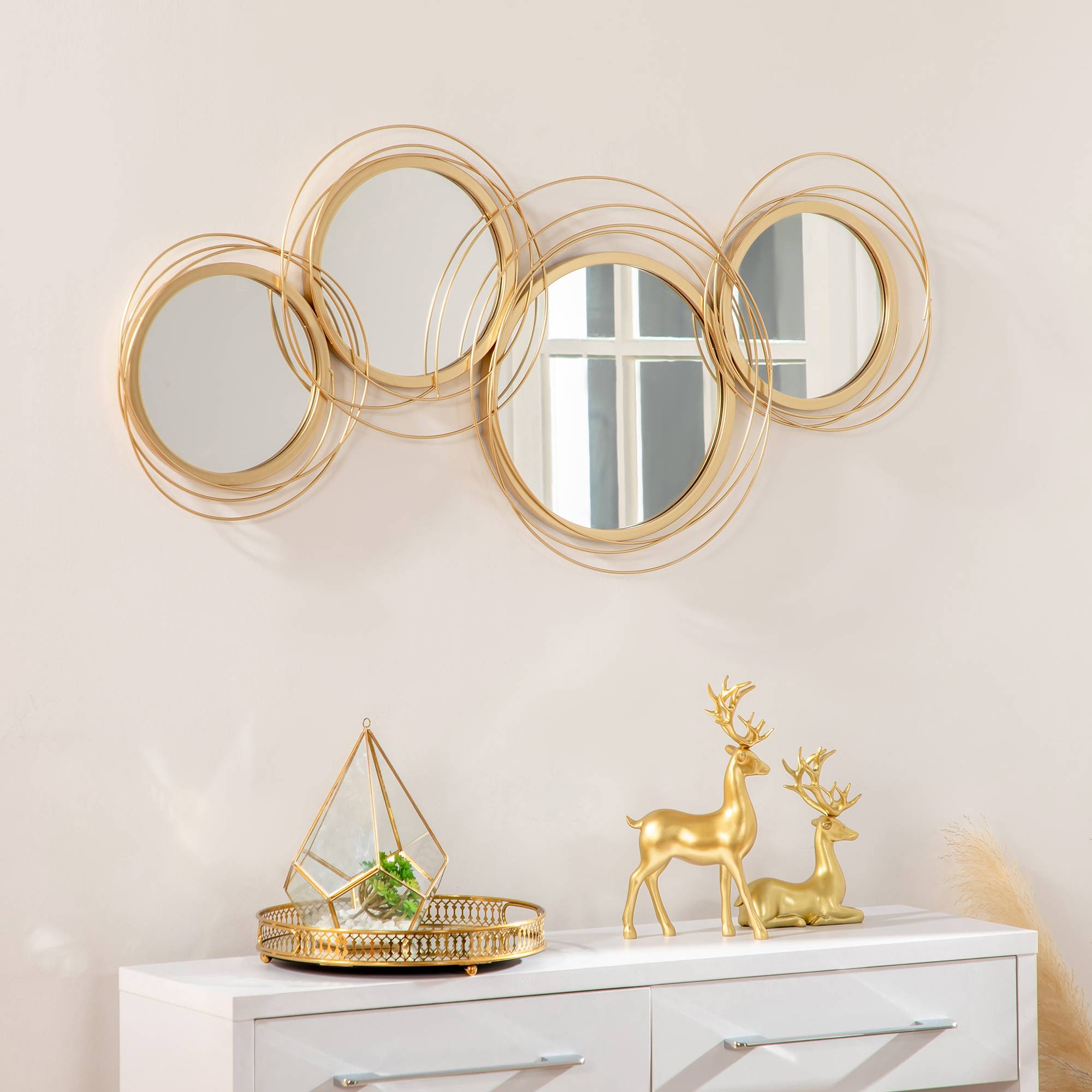 Miroir mural 4 ronds métal décoration salon chambre design élégant 107x56cm doré - ComfortXL Outdoor Living - Image 1