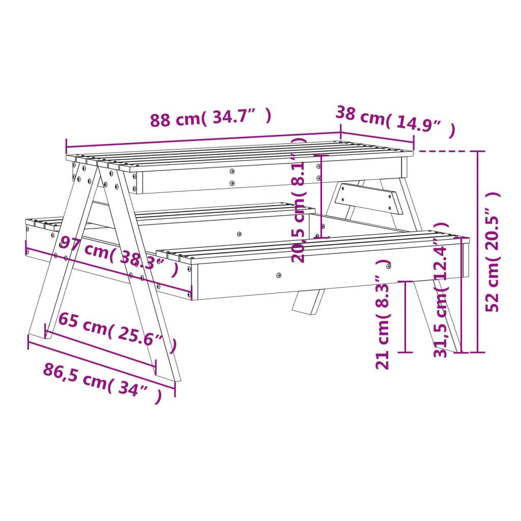 Table de pique-nique pour enfants bois massif de pin blanc 88 x 97 x 52 cm - PANGIVO - Image 9