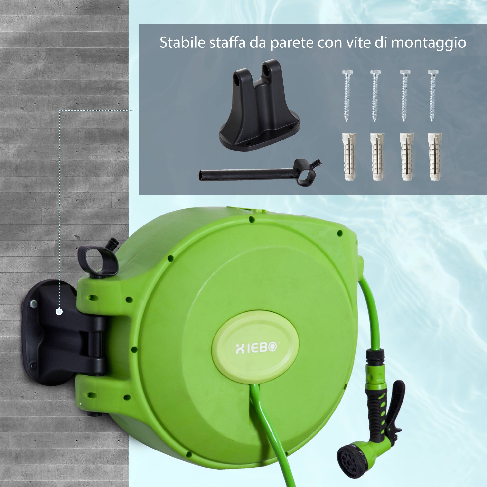 ComfortXL - Dévidoir mural automatique en PVC et PP vert avec tuyau d'arrosage 20 m pivotant à 180° pour jardin et terrasse - Image 7