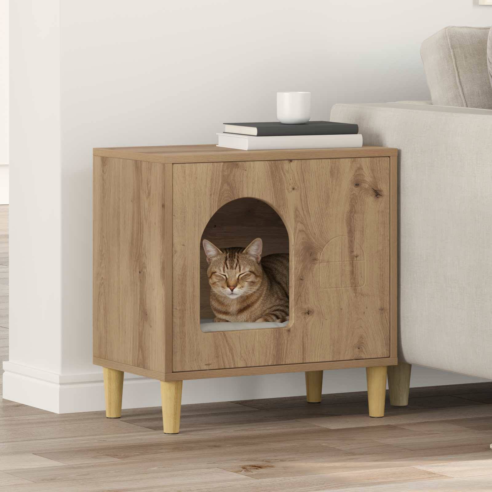 Maison pour chat bois d'ingénierie chêne artisan 51 x 30 x 52 cm, Poids:9.37kg - PANGIVO - Image 1