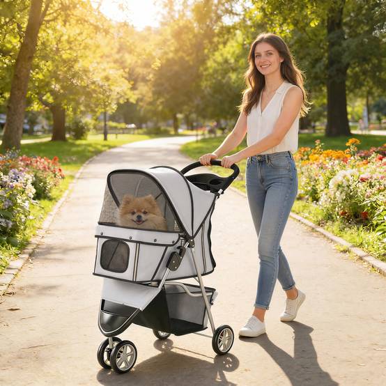 Poussette pour Chien 4 Roues, Chariot Pliable avec Auvent Réglable, Panier de Rangement, 77x44x102cm, Gris - Image 4
