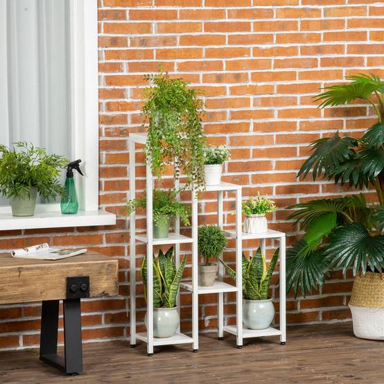 Porte-plantes 7 niveaux bois et acier avec dispositif anti-basculement blanc 65x23x94cm - ComfortXL Outdoor Living - Image 4