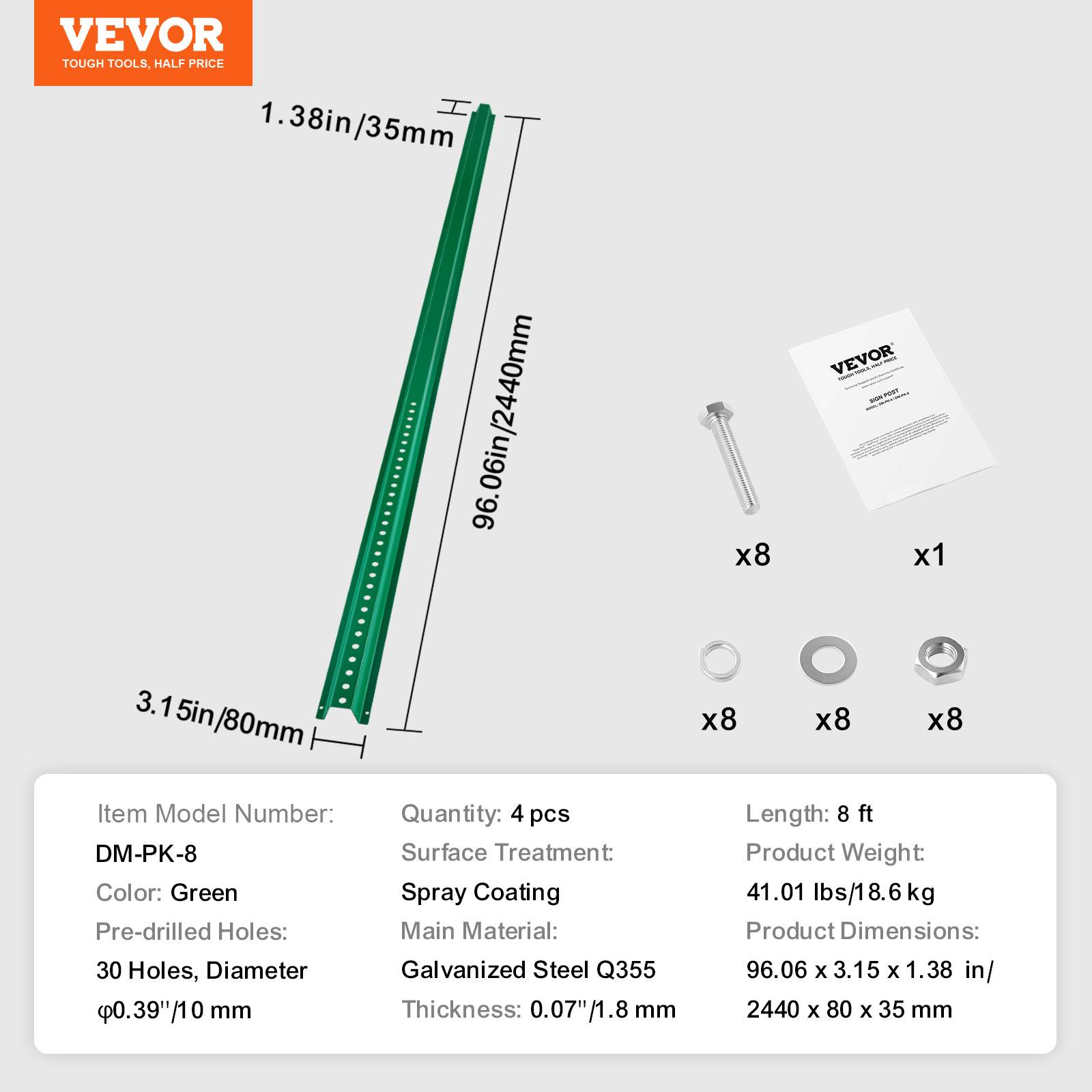 VEVOR Lot 4 poteaux signalisation U 2.4m, acier vert, jardin. - Image 7
