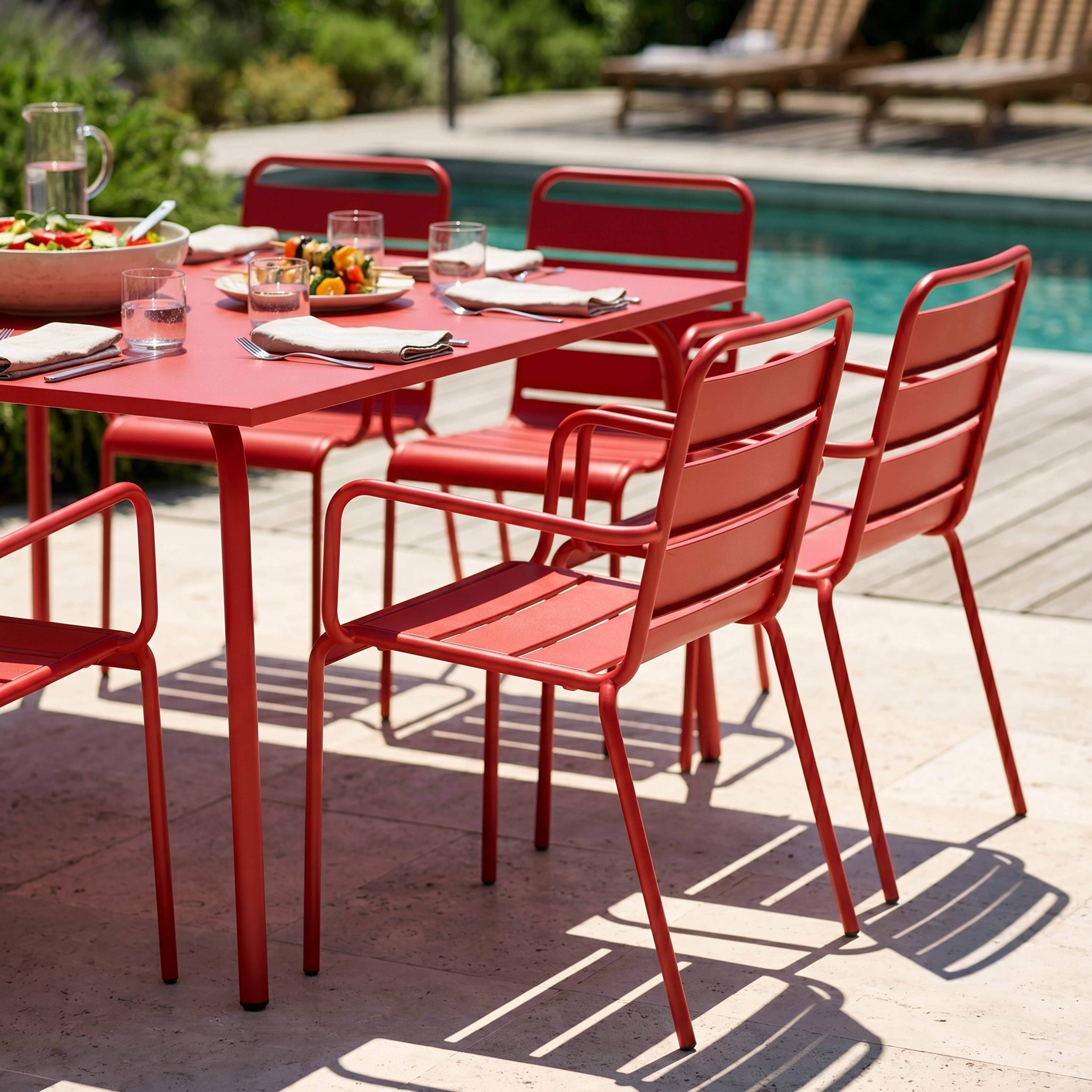 Oviala - Ensemble table de jardin carrée et 8 fauteuils en métal rouge Palavas - Oviala - Imagen 3