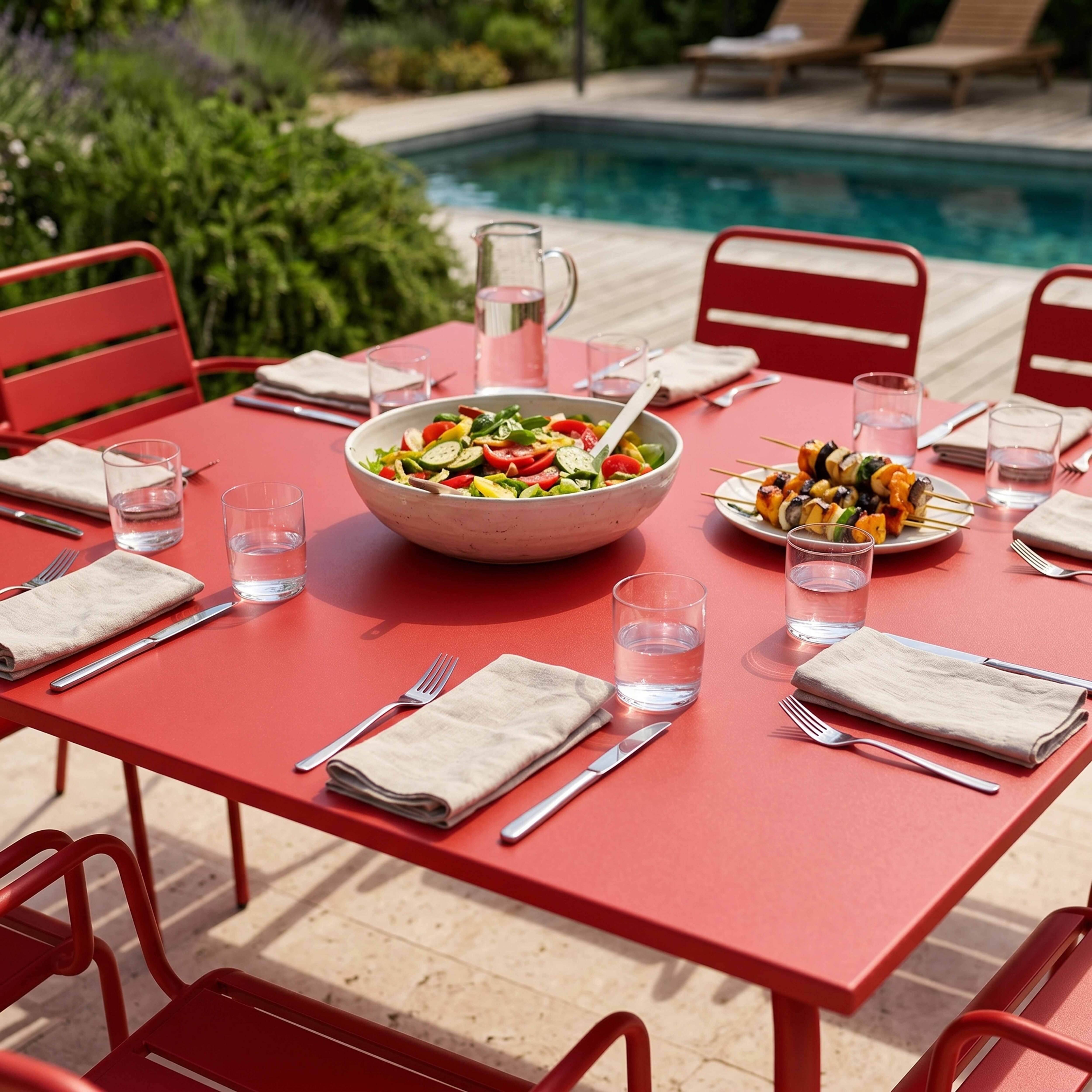 Oviala - Ensemble table de jardin carrée et 8 fauteuils en métal rouge Palavas - Oviala - Imagen 4