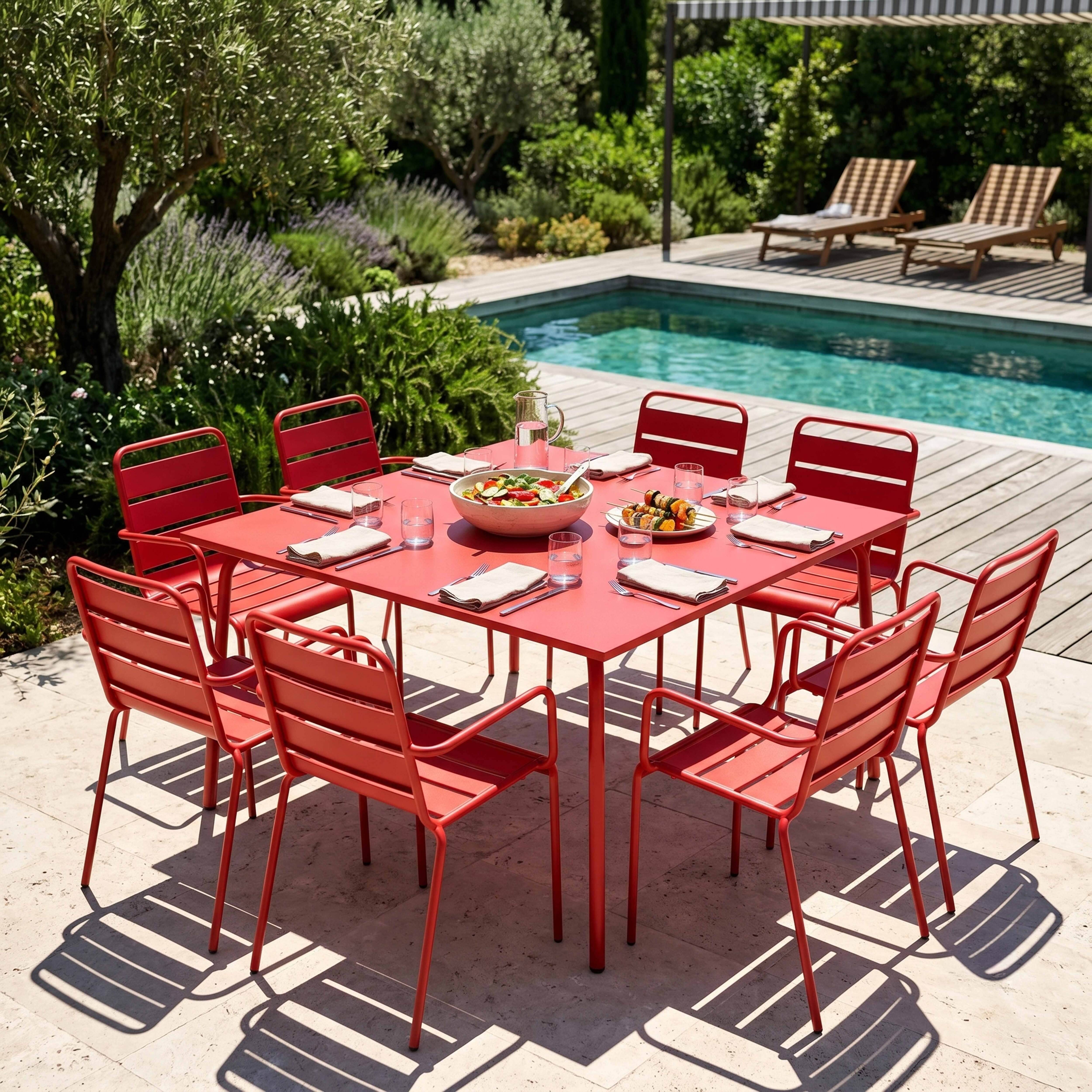 Oviala - Ensemble table de jardin carrée et 8 fauteuils en métal rouge Palavas - Oviala - Imagen 2