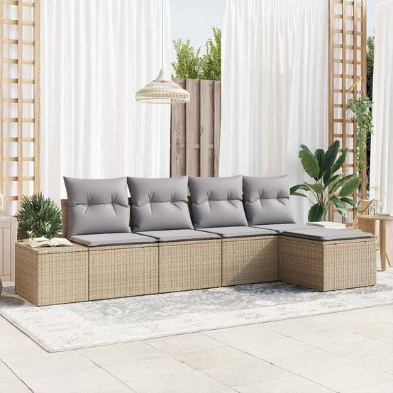 Salon de jardin 5 éléments polyrotin modulable et confortable pour extérieur Beige – ComfortXL Outdoor Living - Image 1