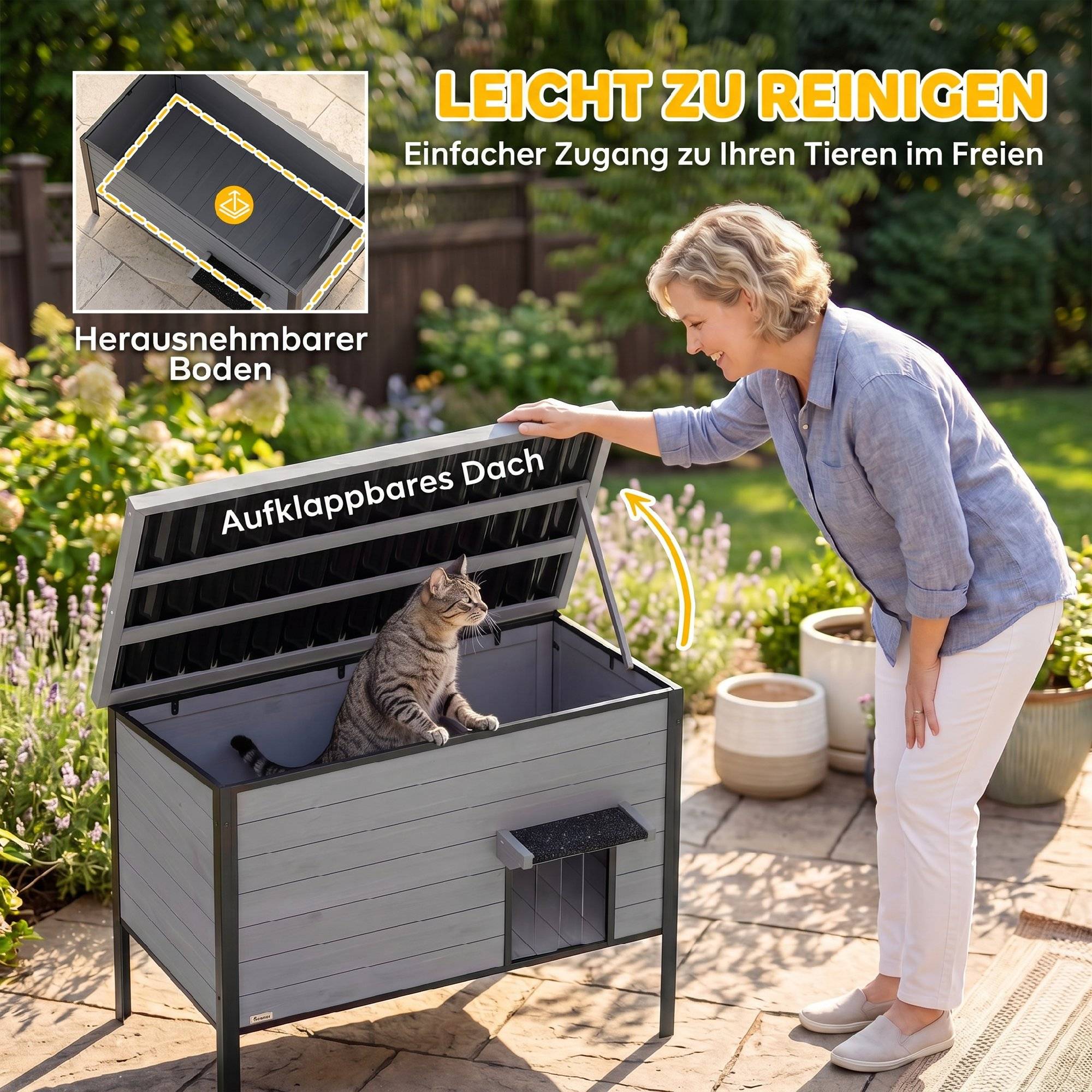 Sans Marque - Niche pour chat résistante aux intempéries, toit à charnières, plancher amovible, 1 à 2 chats jusqu'à 12 kg, 85x55x70 cm, gris clair - Image 7